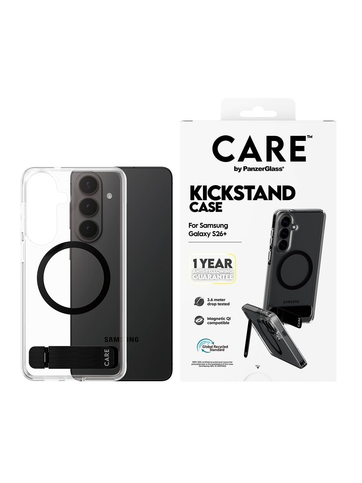 CARE by PanzerGlass Urban Explorer Case Transparent w. Black Kickstand & Qi Samsung Galaxy S26+