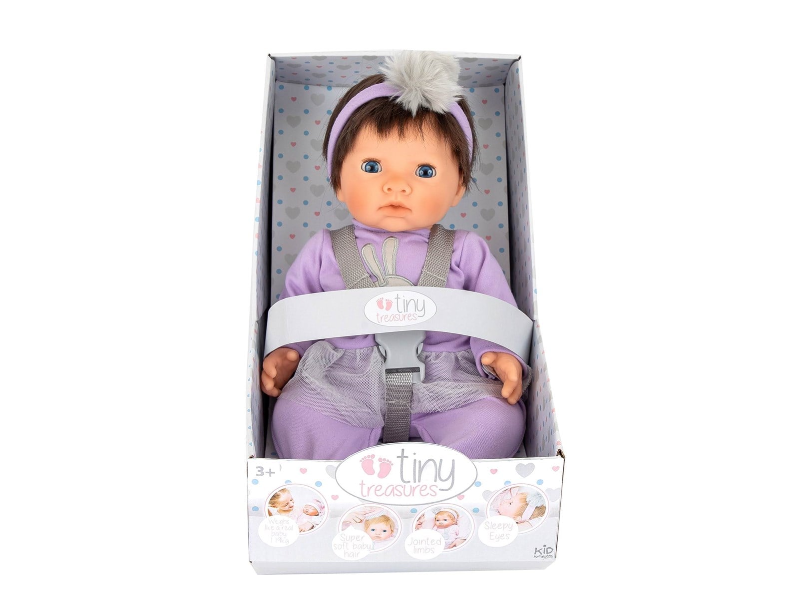 Tiny Treasures Dukke med mørkt hår og lilla outfit | På lager | Billig