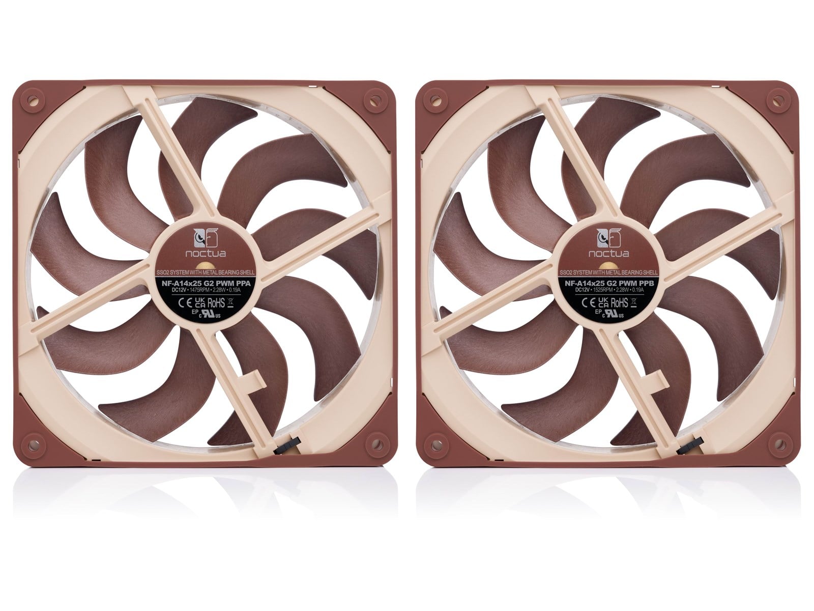 Noctua NF-A14x25 G2 PWM Sx2-PP - Kit 2 Ventilateurs 140mm Push-Pull Ou Side-by-Side - Décalage 25 Tr/min Anti-Battement - Brun - EtaPERF & SSO2