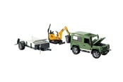 Legetøjsbil - Bruder Land Rover Defender one axle trailer, JCB micro excavator + worker - 02593