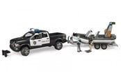 Legetøjsbil - Bruder RAM 2500 Police Pickup with L&S Module, 2 figures, trailer + boat - 02507