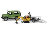 Legetøjsbil - Bruder Land Rover Defender one axle trailer, JCB micro excavator + worker - BR2593