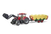 Legetøjsbil - Bruder Case IH Optum 300 CVX with frontloader with bale transport trailer with 8 round bales - BR3198