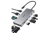 Dockingstation - Aukey Aluminum USB-C Hub | 10 in 1 | RJ45 Ethernet 10/100/1000Mbps | 4xUSB | HDMI 4k@30Hz | SD and microSD | USB-C Power Delivery 100W - CB-C89