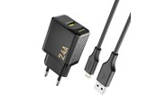 Mobil - Adaptere & Opladere - Dudao A23LEU 2.4A GaN EU USB-A wall charger with USB-A cable - Lightning - black - 6976625334032