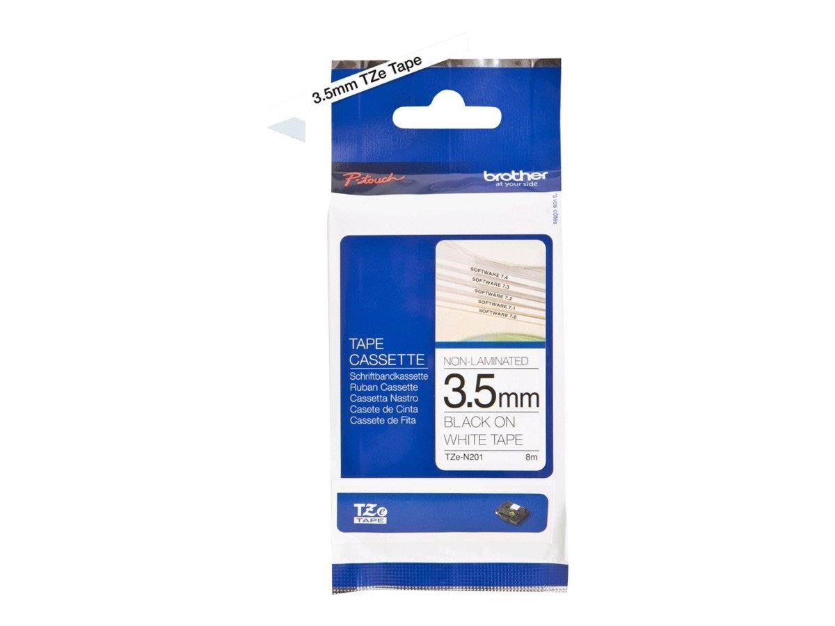 Brother TZEN201 3.5mm (0.13") Black on White Non-Laminated Super Narrow tape for P-touch 8m