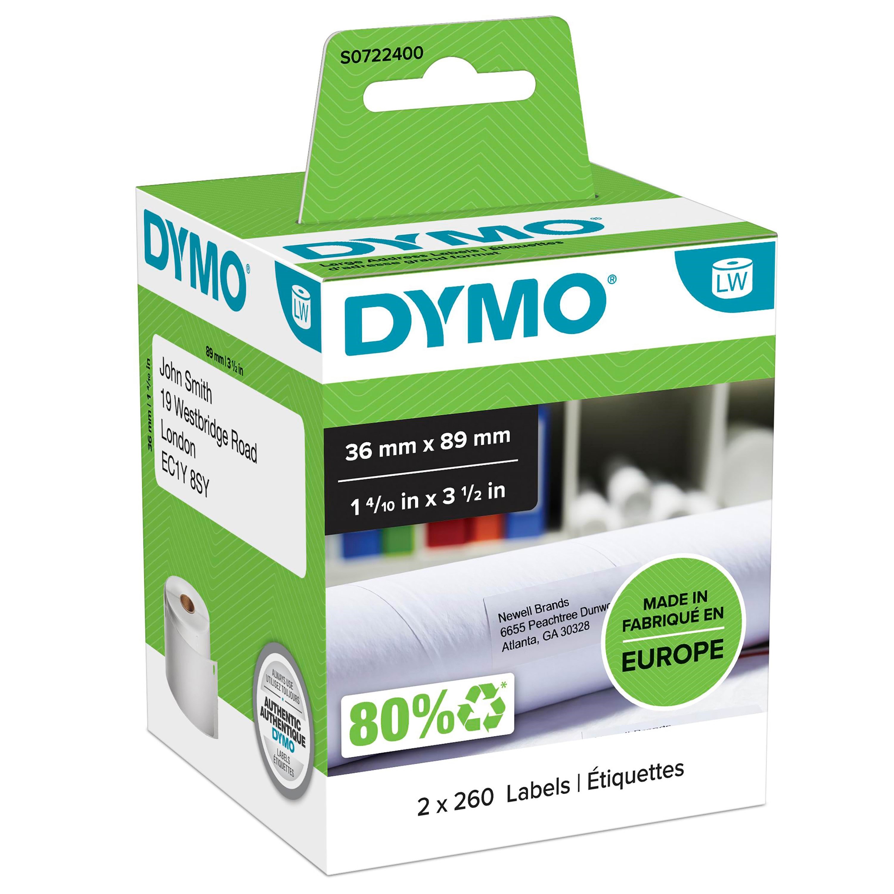 DYMO LabelWriter store adresseetiketter | 36mm x 89mm | 2 ruller x 260 stk Fotopapir S0722400