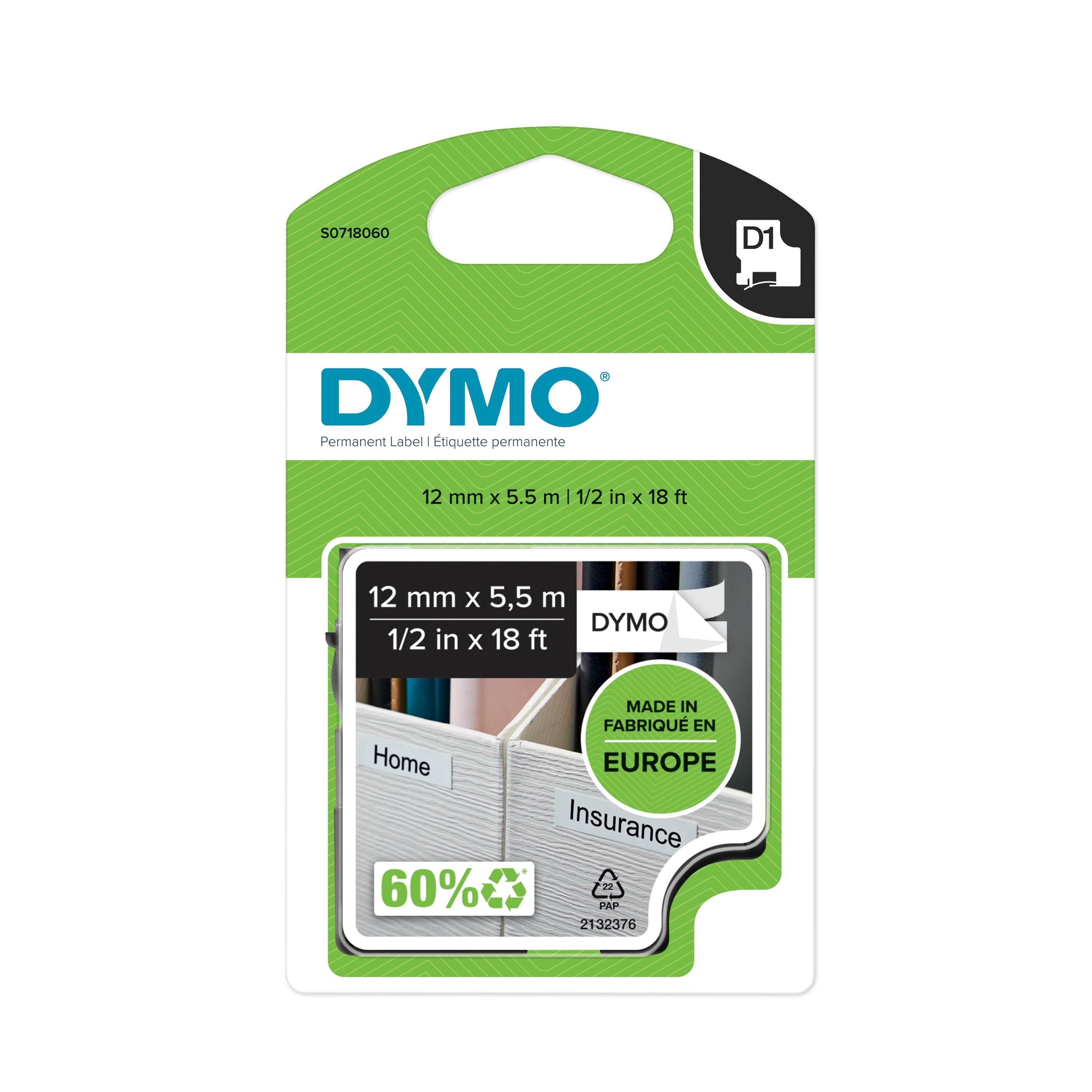 DYMO D1 tape permanent polyester | sort/hvid | 12mm x 5,5m Fotopapir S0718060