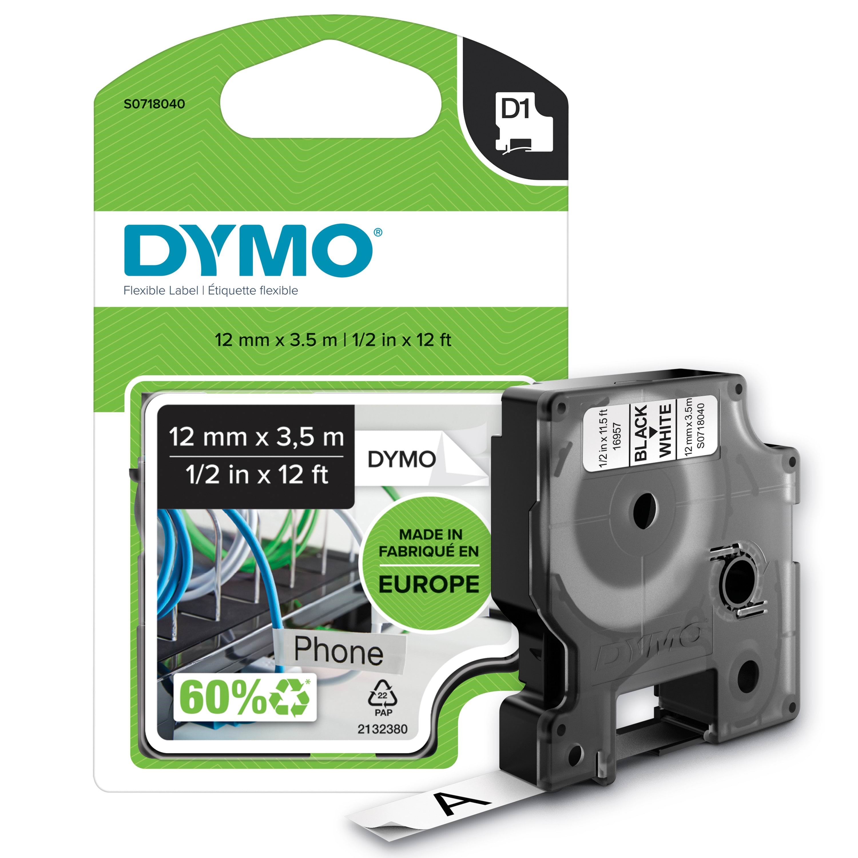 DYMO D1 tape fleksibel nylon | sort/hvid | 12mm x 3,5m Fotopapir S0718040