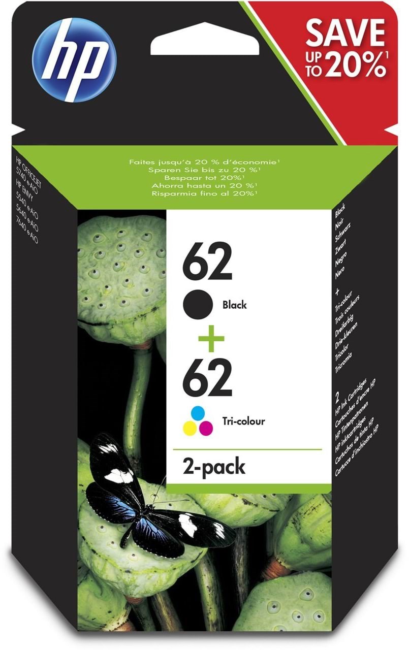 HP 62 / N9J71AE 2-Pack (Cyan Magenta Yellow) Pigmwnted Black Ink Printerpatron Og Toner Dye-based tricolor