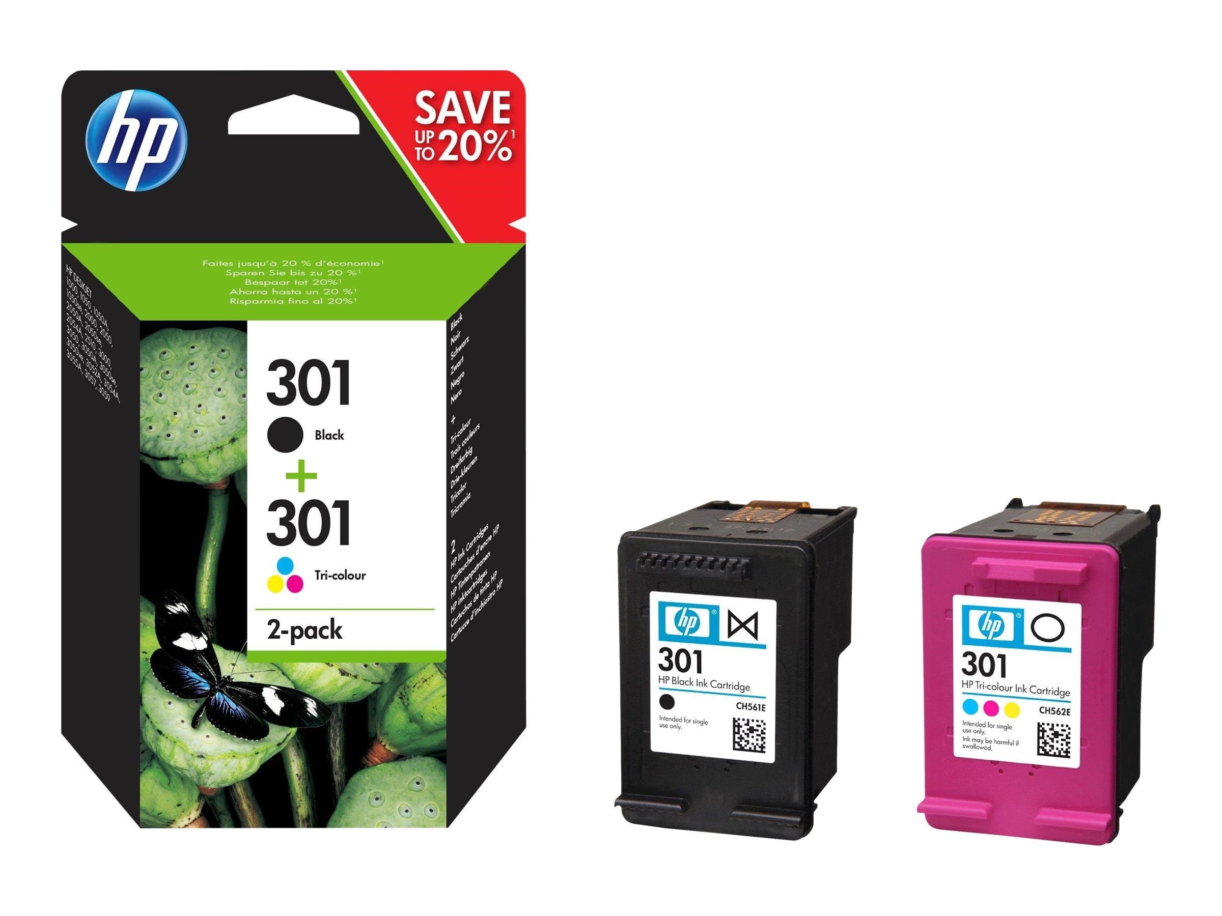 HP 301 / N9J72AE 2-Pack Black (Magenta Cyan Yellow) Printerpatron Og Toner Dye-based tricolor