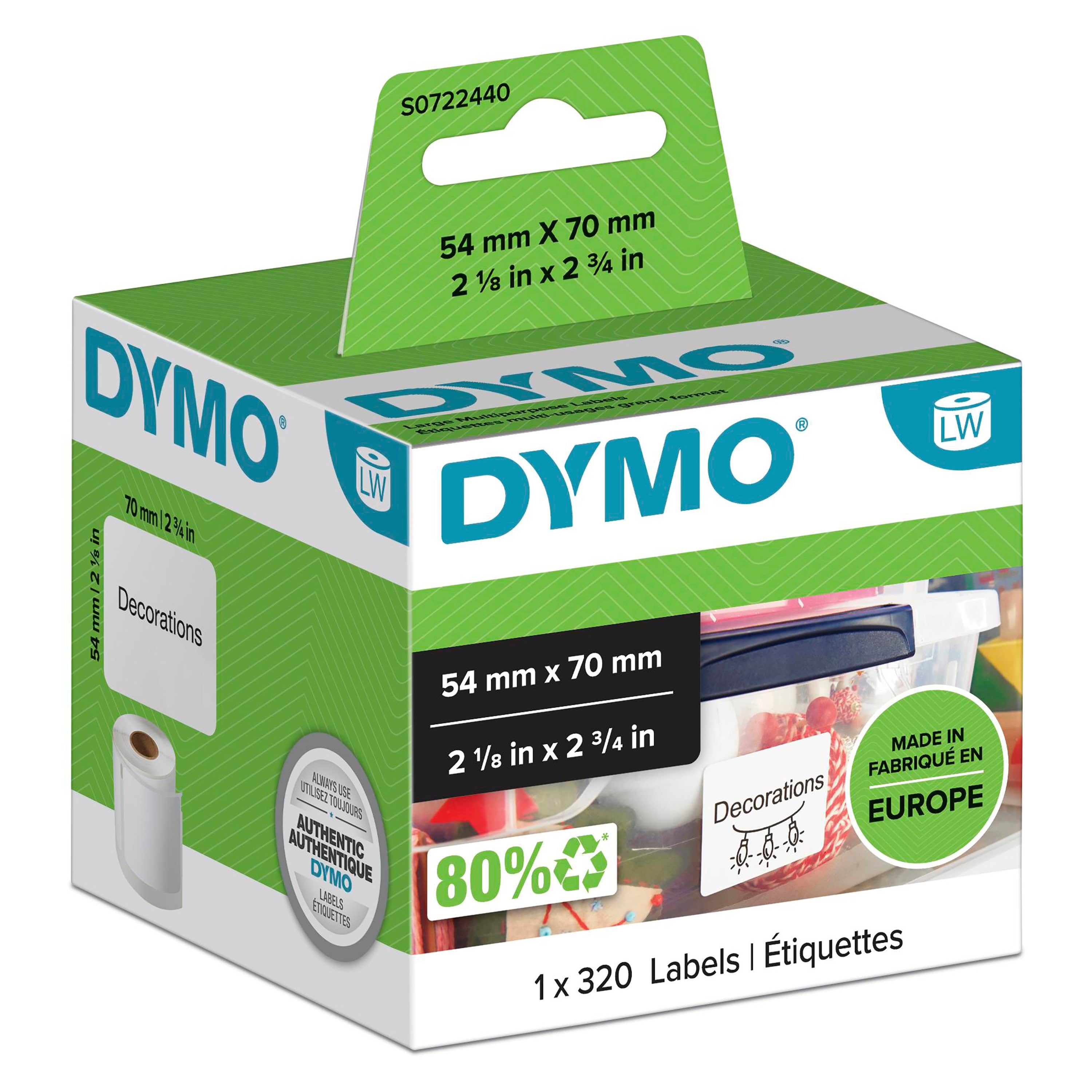 DYMO LabelWriter store multifunktionelle etiketter | 54mm x 70mm | 1 rulle x 320 stk Fotopapir S0722440