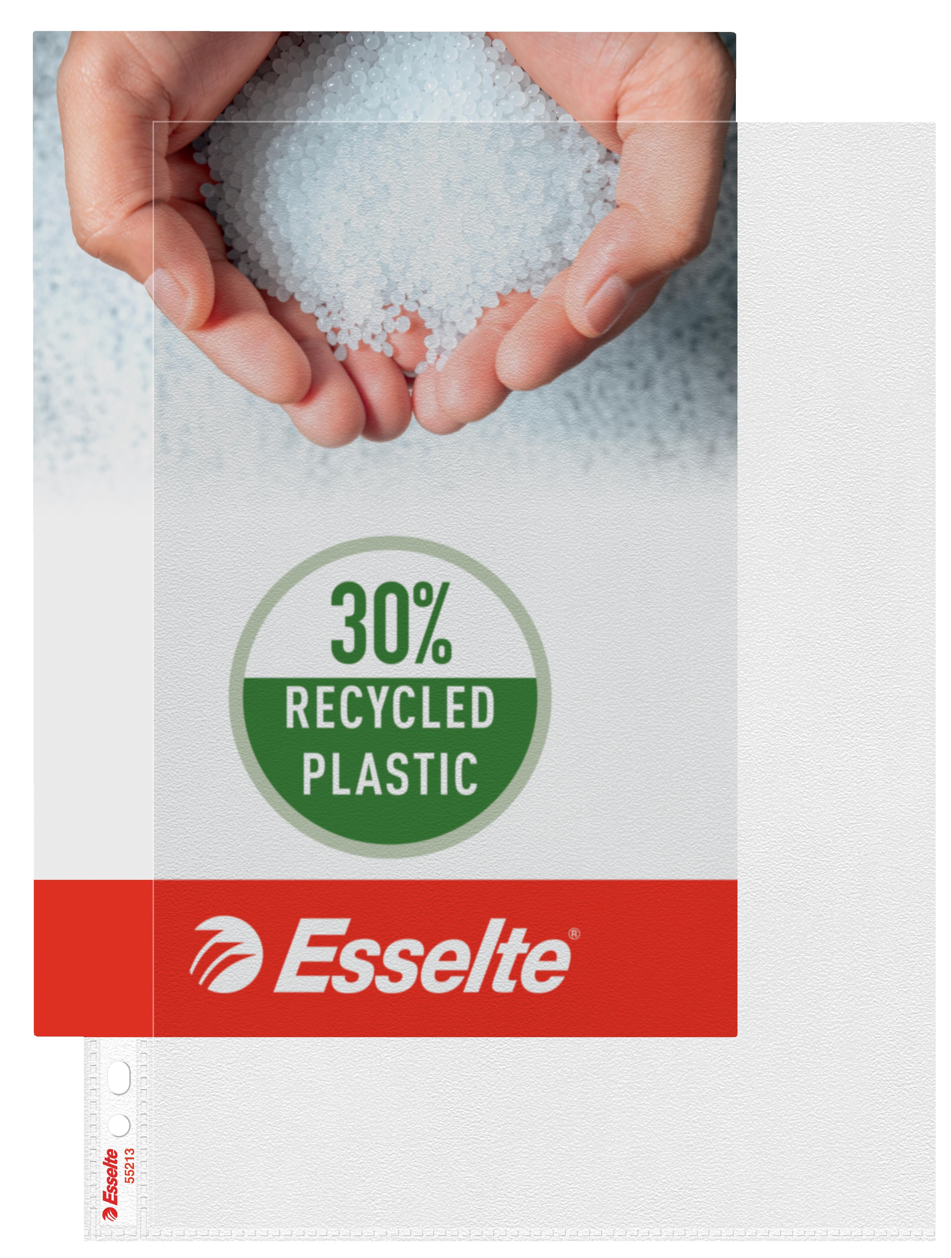 Esselte lomme A4 85my åbning i toppen og venstre side, 30 % recirkuleret præ-consumer plast Plastiklomme 55213