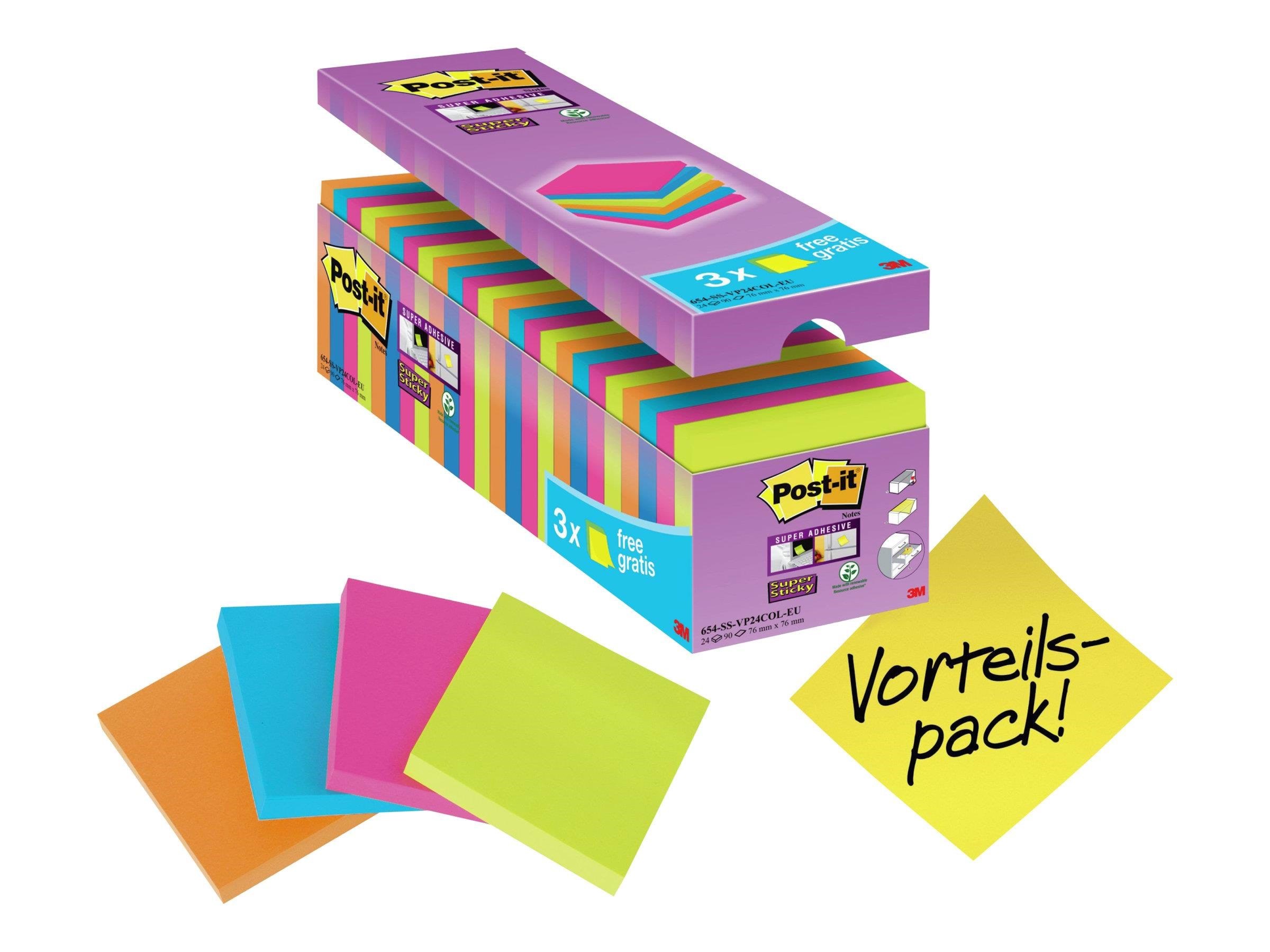 3M Post-it Super Sticky 76x76mm 24x 90 Sheets Assorted Skrivebordstilbehør 7100079739
