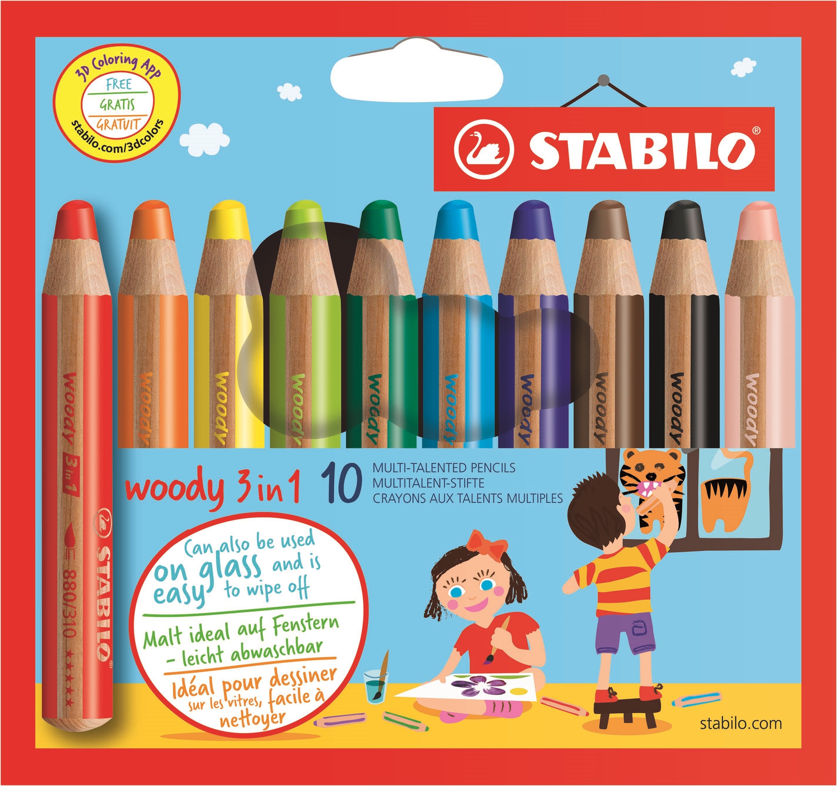 STABILO woody 3 in 1 sæt med 10 farver. 3 i 1 blyanten med farveblyant, vandfarve og vokskridt i samme blyant Hobby Artikler Farveblyanter 880/10