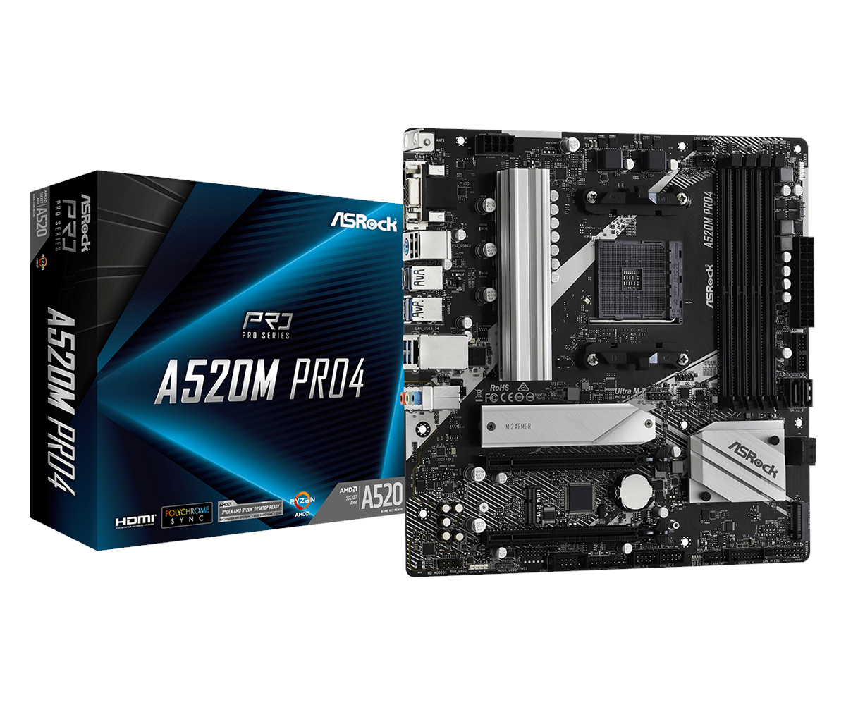 ASRock A520M Pro4 Bundkort - AMD A520 - AMD AM4 - DDR4 RAM - Micro-ATX Bundkort 90-MXBDU0-A0UAYZ