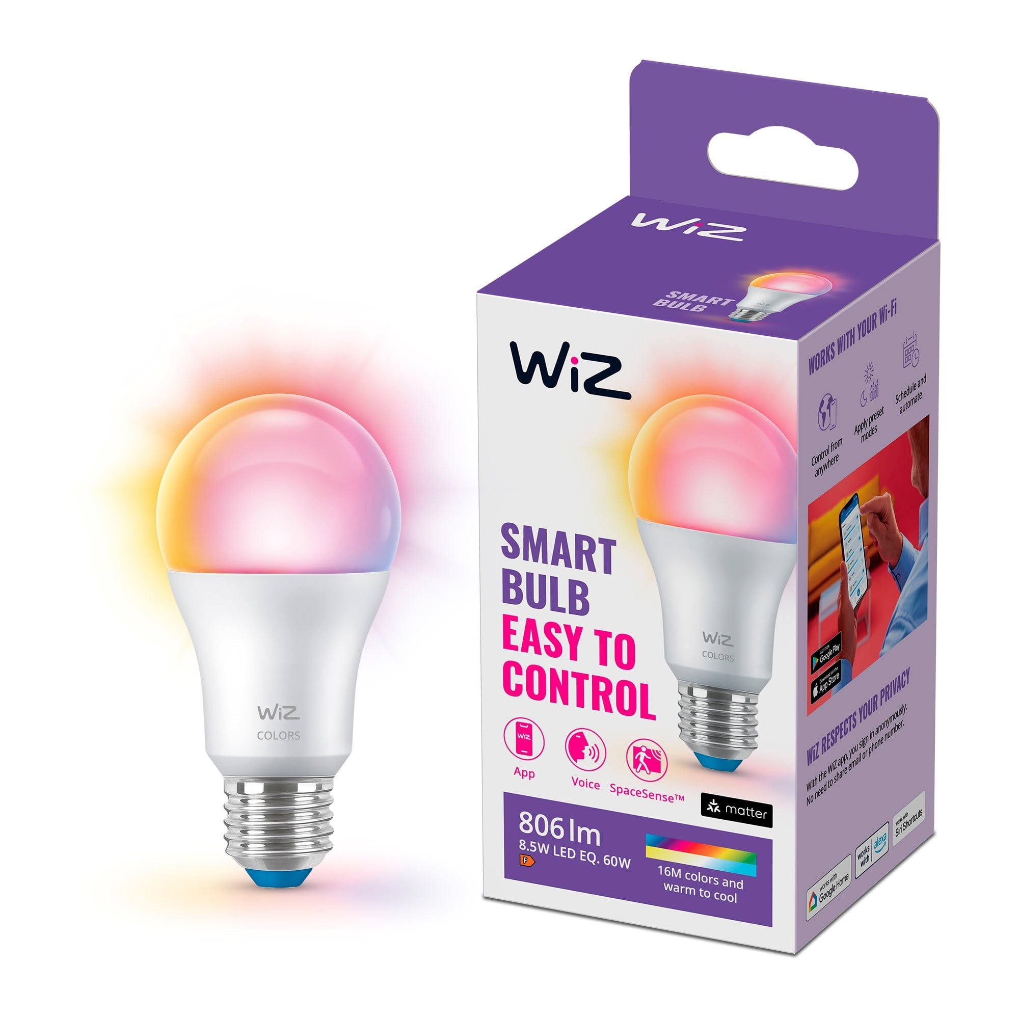 WiZ Full Color A60 E27 Smart LED-pære - RGB/16 millioner farver + dæmpbart hvidt LED-lys