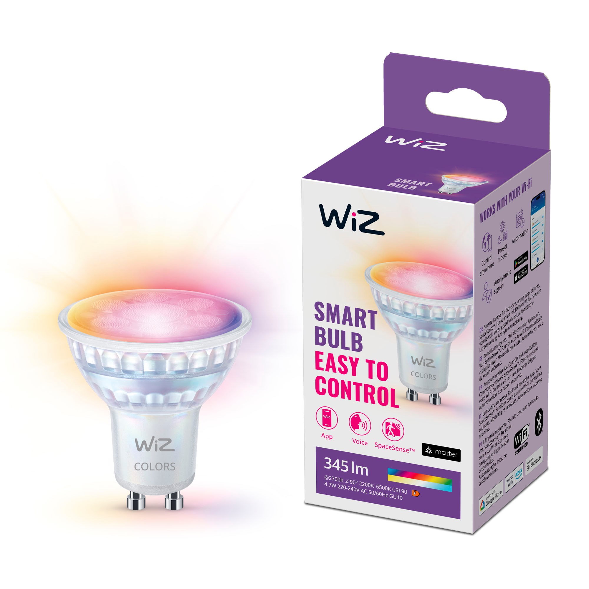 WiZ Full Color GU10 Smart Spotpære - RGB/16 millioner farver + dæmpbart hvidt LED-lys