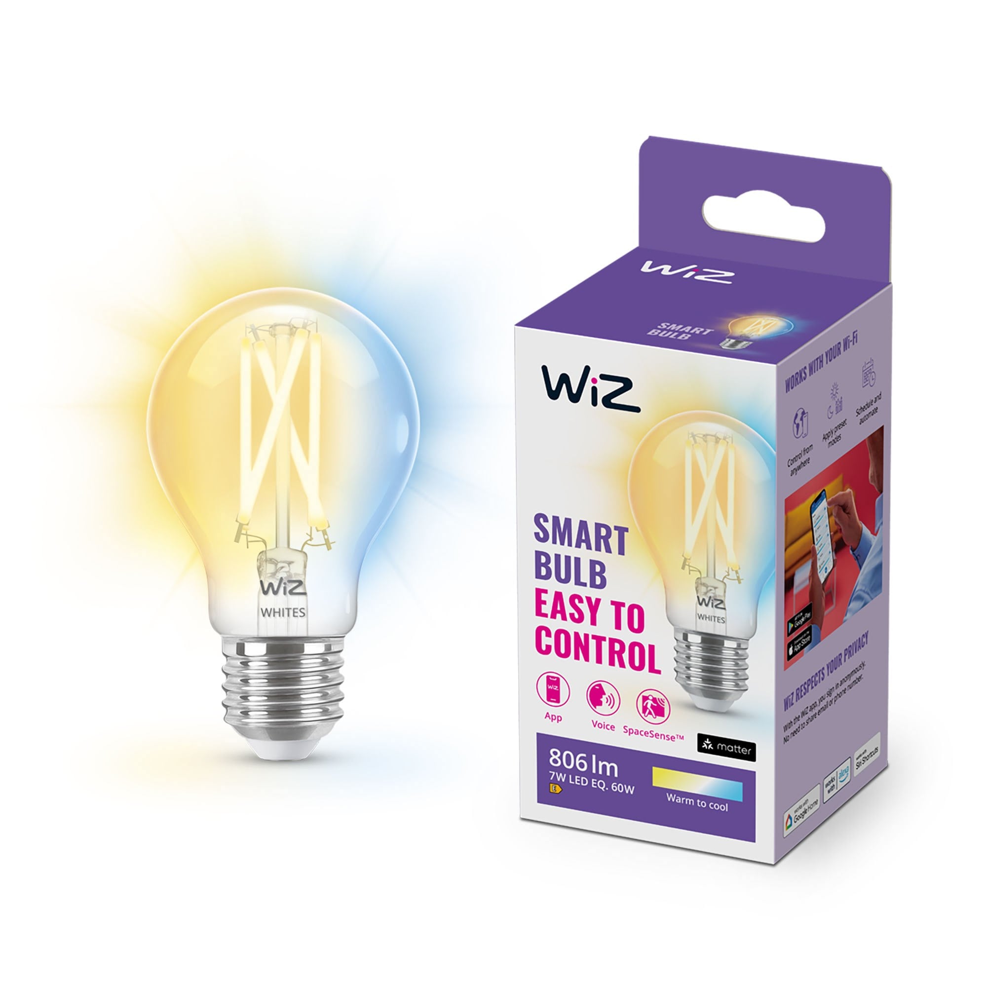 WiZ Tunable A60 E27 Smart Filamentpære - Dæmpbart varmt til koldt hvidt LED-lys Smart Home 929003017201