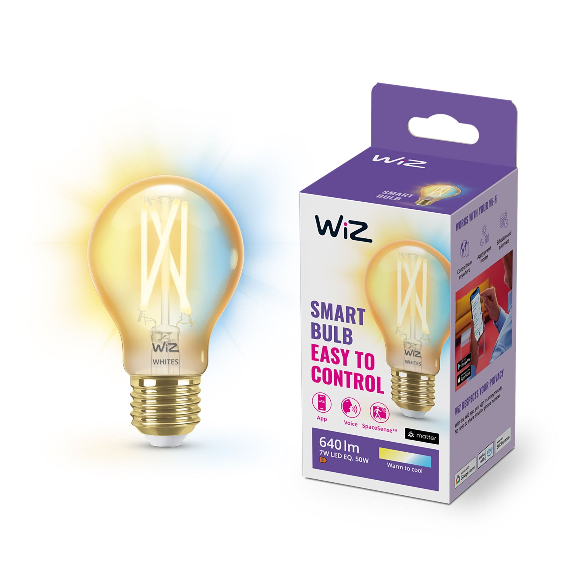 WiZ Tunable A60 E27 Amber Smart Filamentpære - Dæmpbart varmt til koldt hvidt LED-lys Smart Home 929003017401
