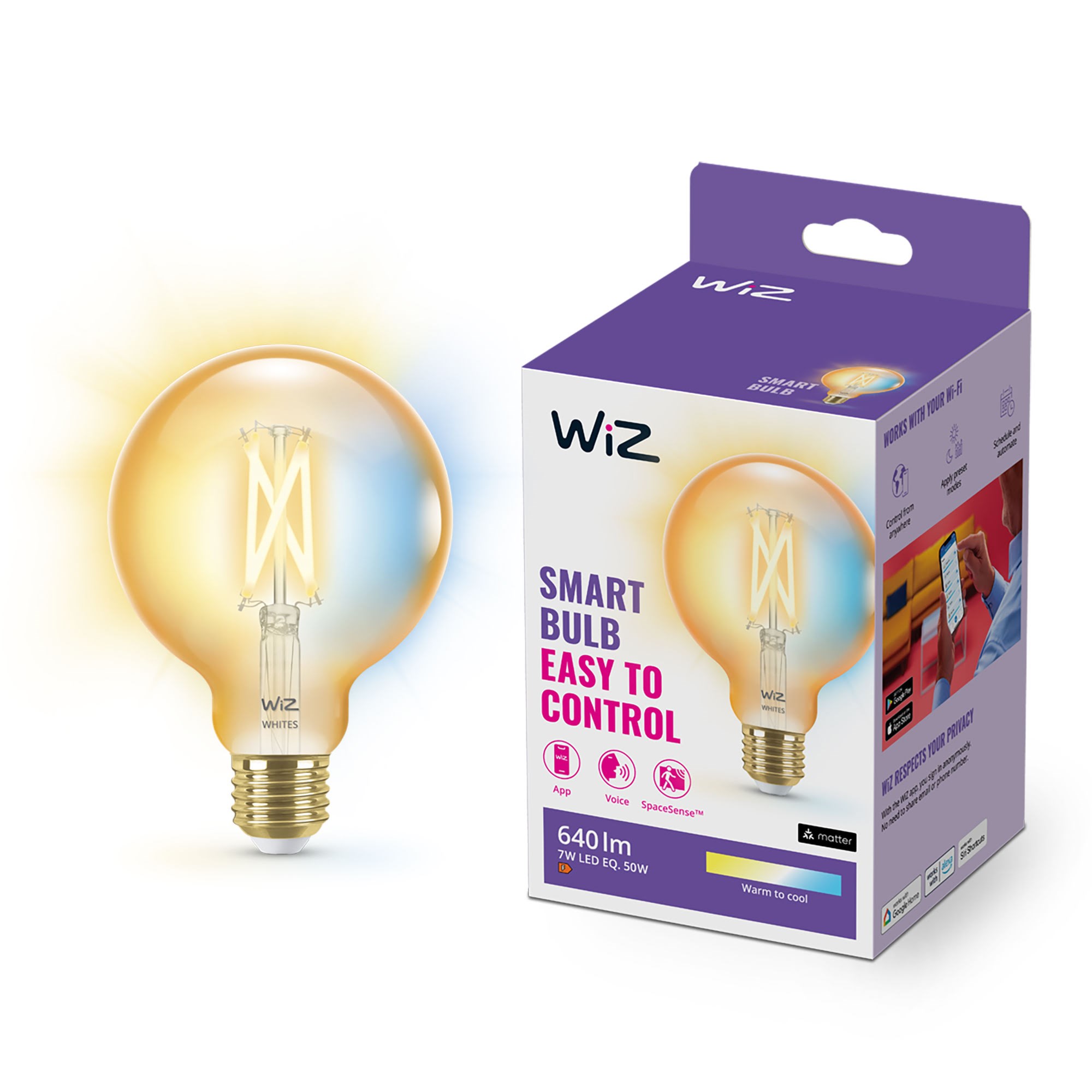 WiZ Tunable G95 E27 Amber Smart Filament Globepære - Dæmpbart varmt til koldt hvidt LED-lys