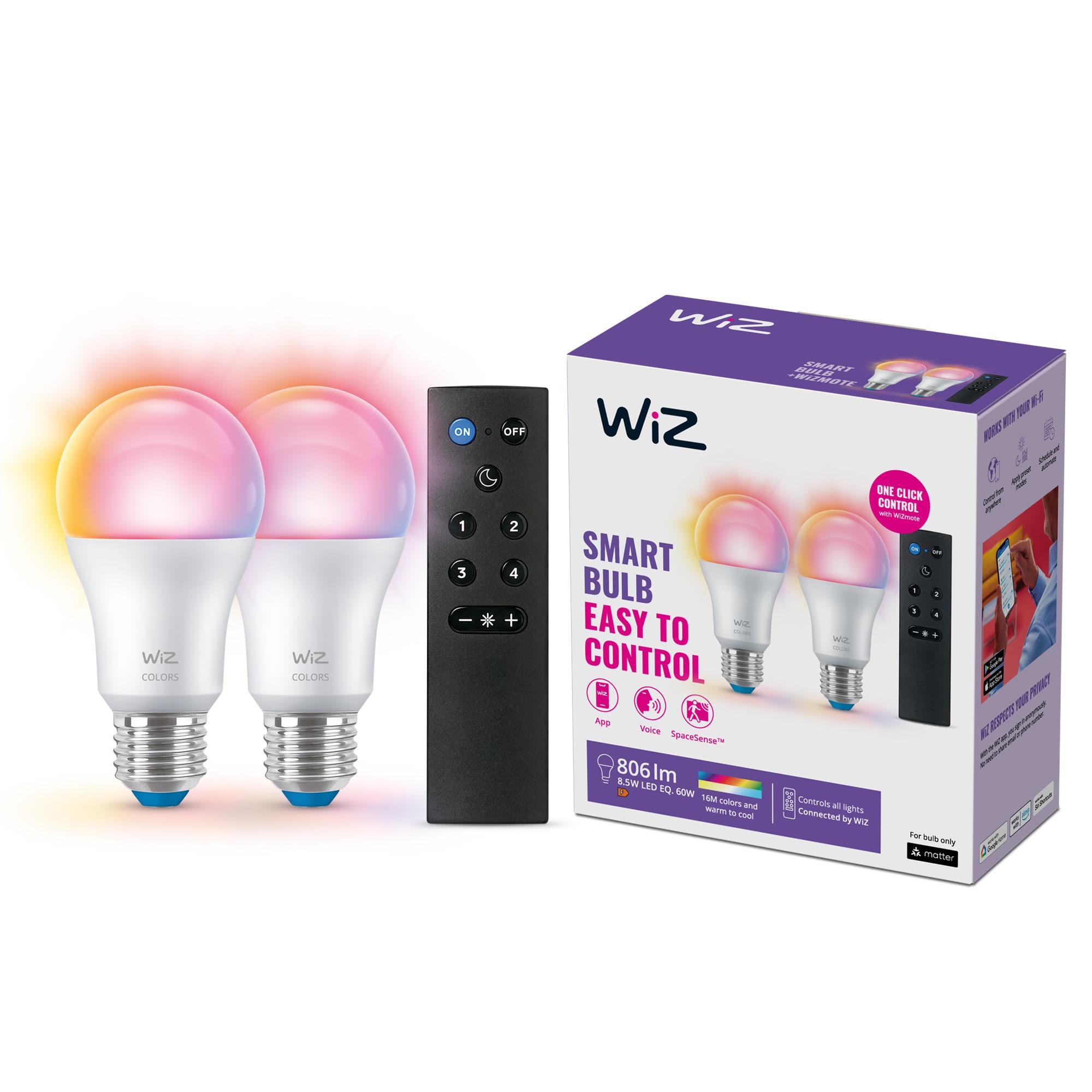 WiZ Full Color A60 E27 Smart LED-pære 2-pakke med Mote - RGB/16 millioner farver + dæmpbart hvidt LED-lys Smart Home 929003649601