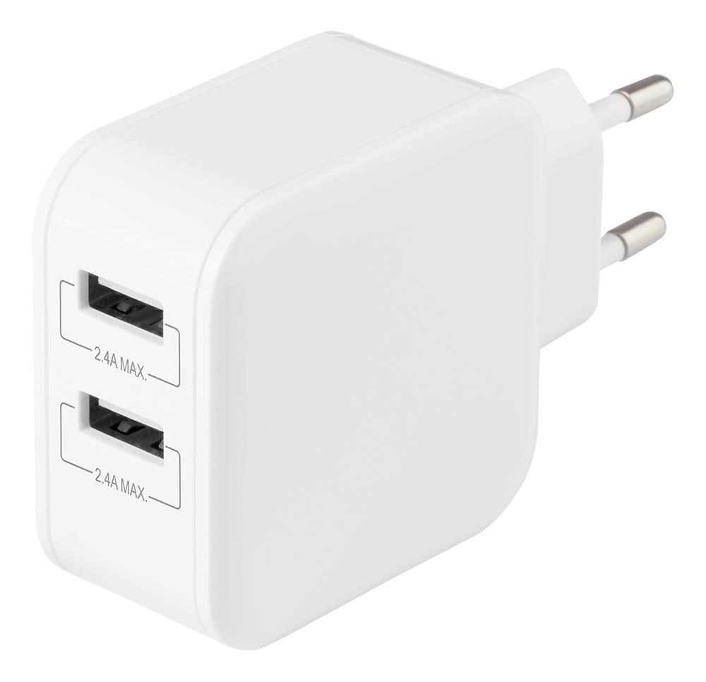 Deltaco Wall charger with dual USB-A ports 4.8 A. Mobil Oplader USB-AC175