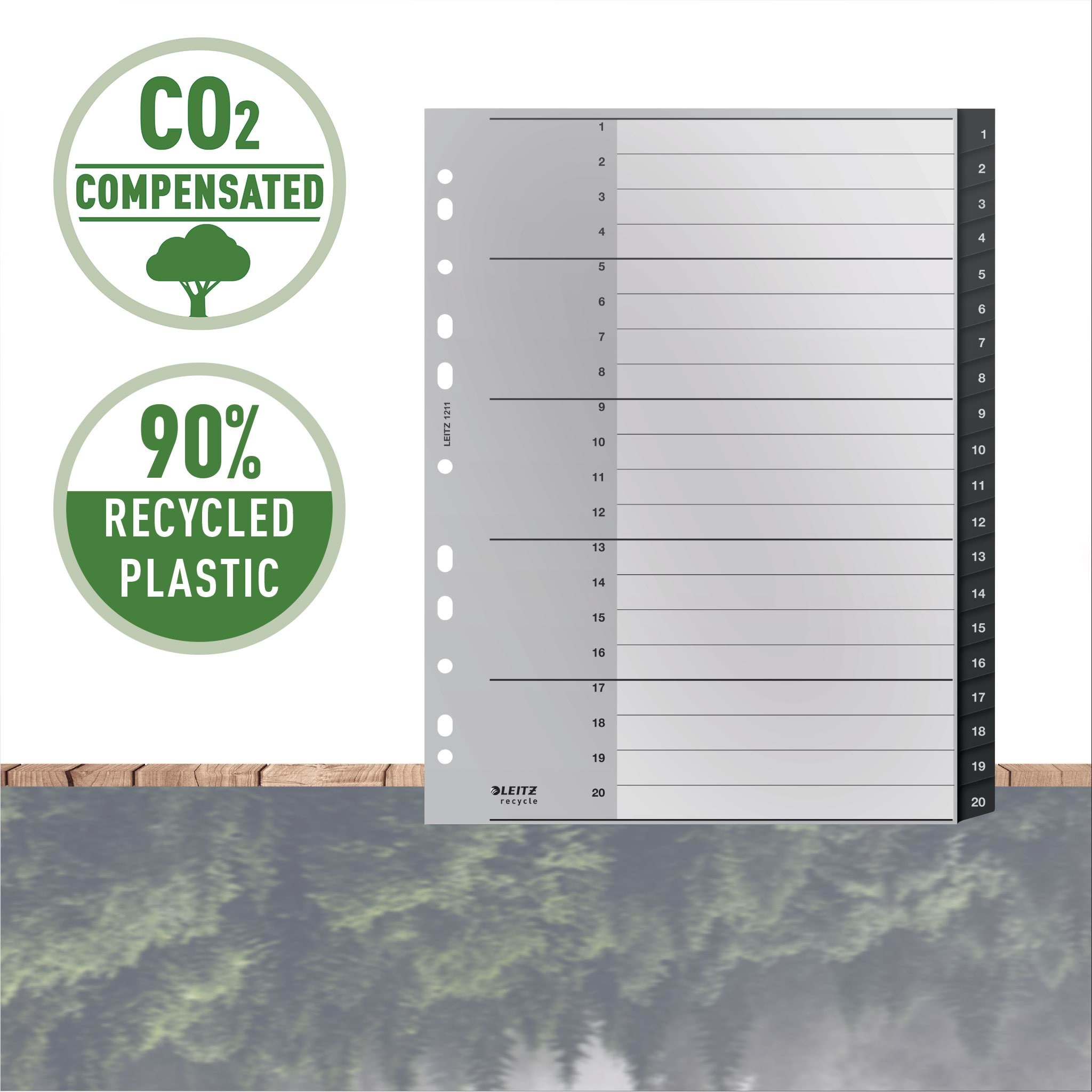 Leitz Recycle register 1-20, PP, ekstra bredt Plastiklomme 12110000