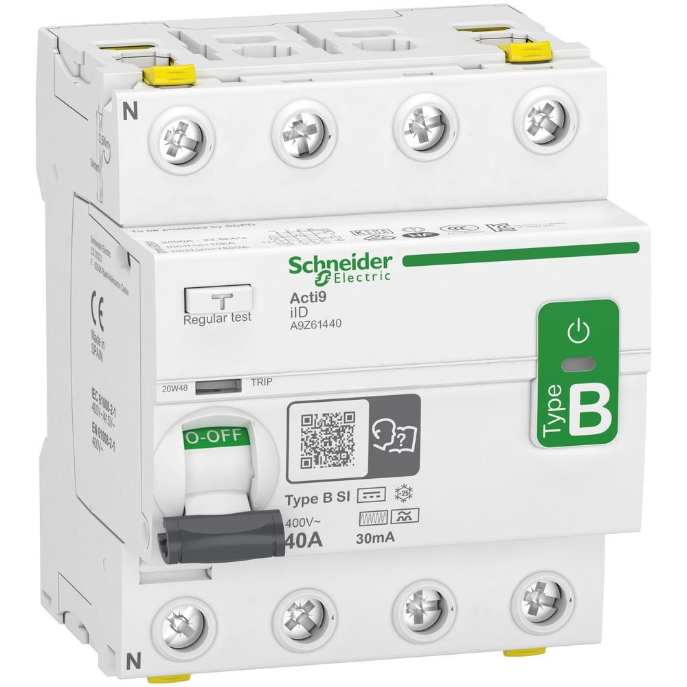 Schneider Electric Acti9 rccb hpfi afbryder 4p 40a 30ma klasse b-si ac/dc til installationer med 3faset frekvensomformer og inverter med dc strømme