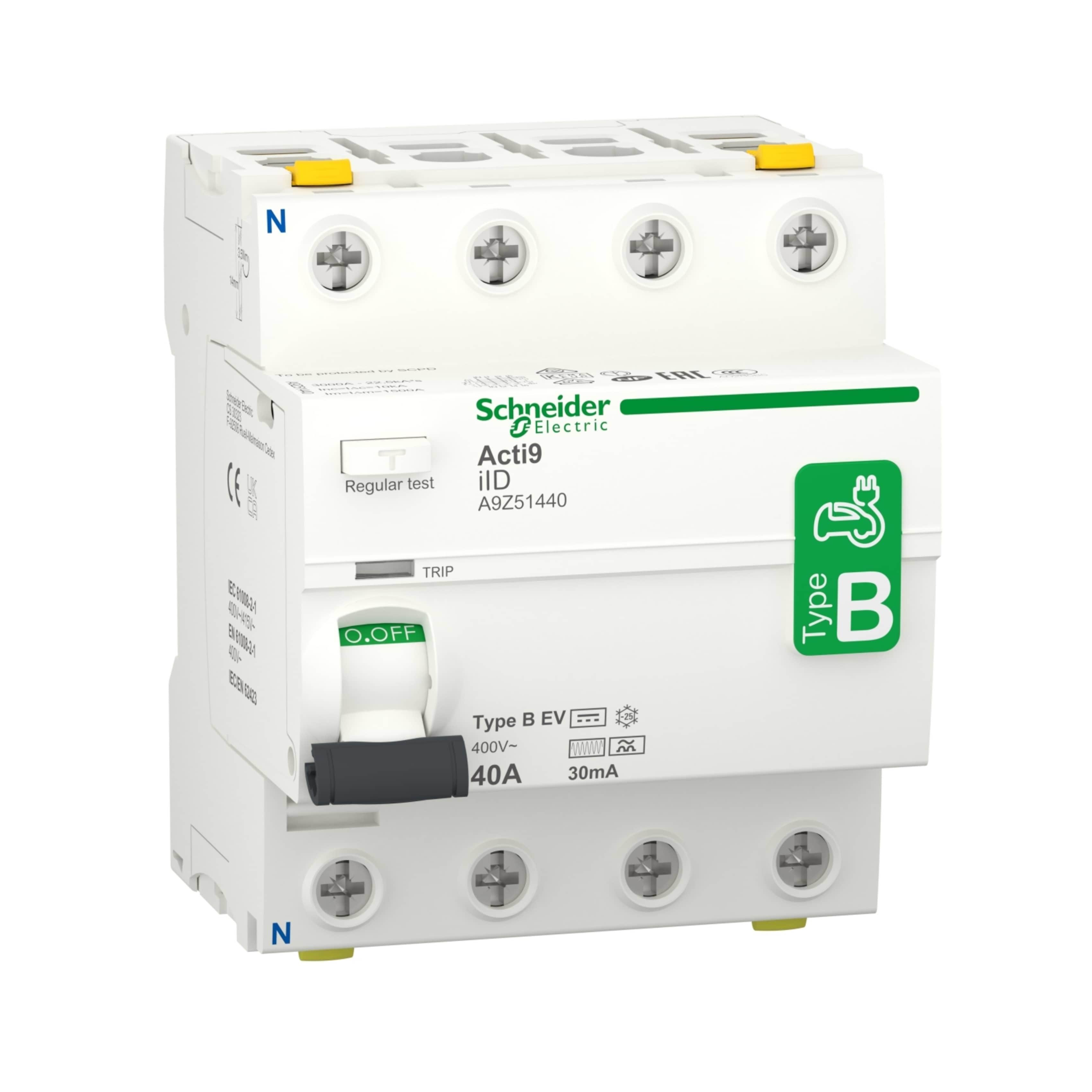 Schneider Electric Fejlstrømsafbryder ac/dc rccb hpfi 4p 40 a 30 ma type b specielt designet til ev-electrical vehicle lader Komponent Til Tavle Og 