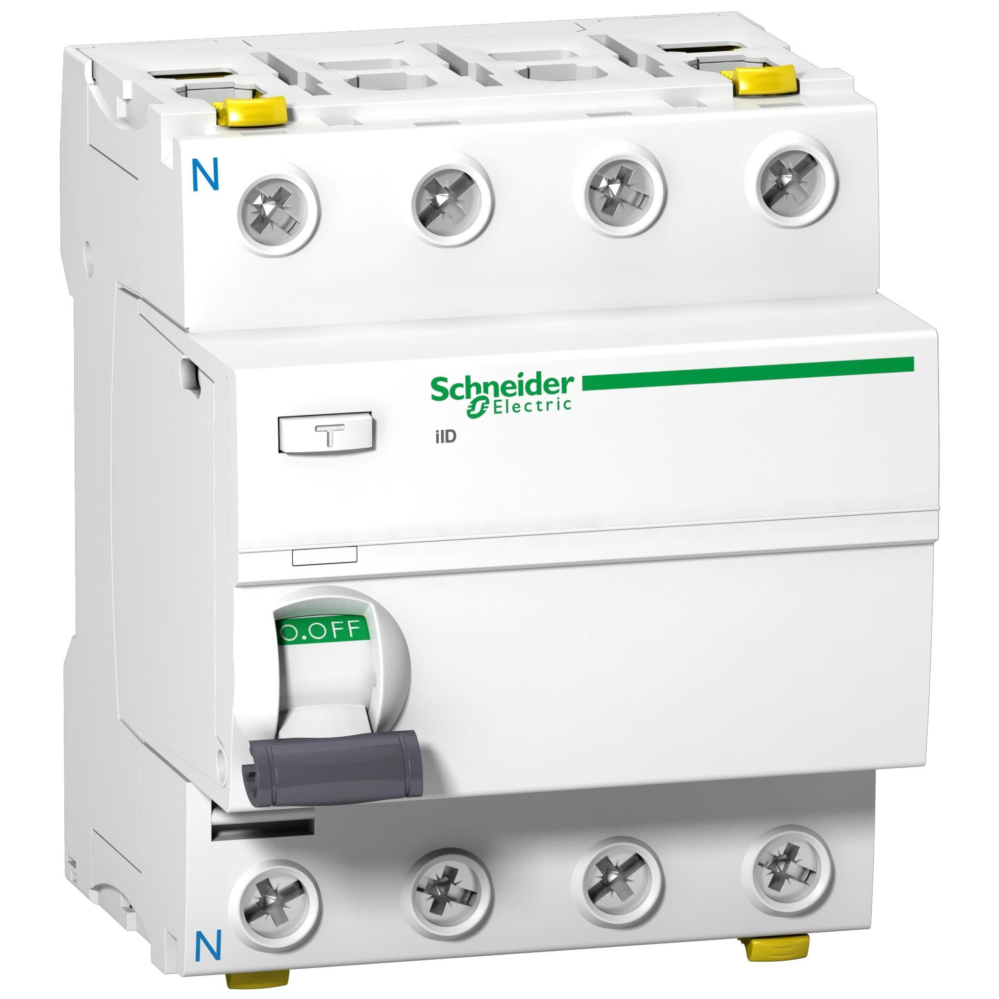 Schneider Electric Acti9 hpfi-afbryder iid, 4p 63a 30ma, kl. a, med dobbelt terminal, 72 mm