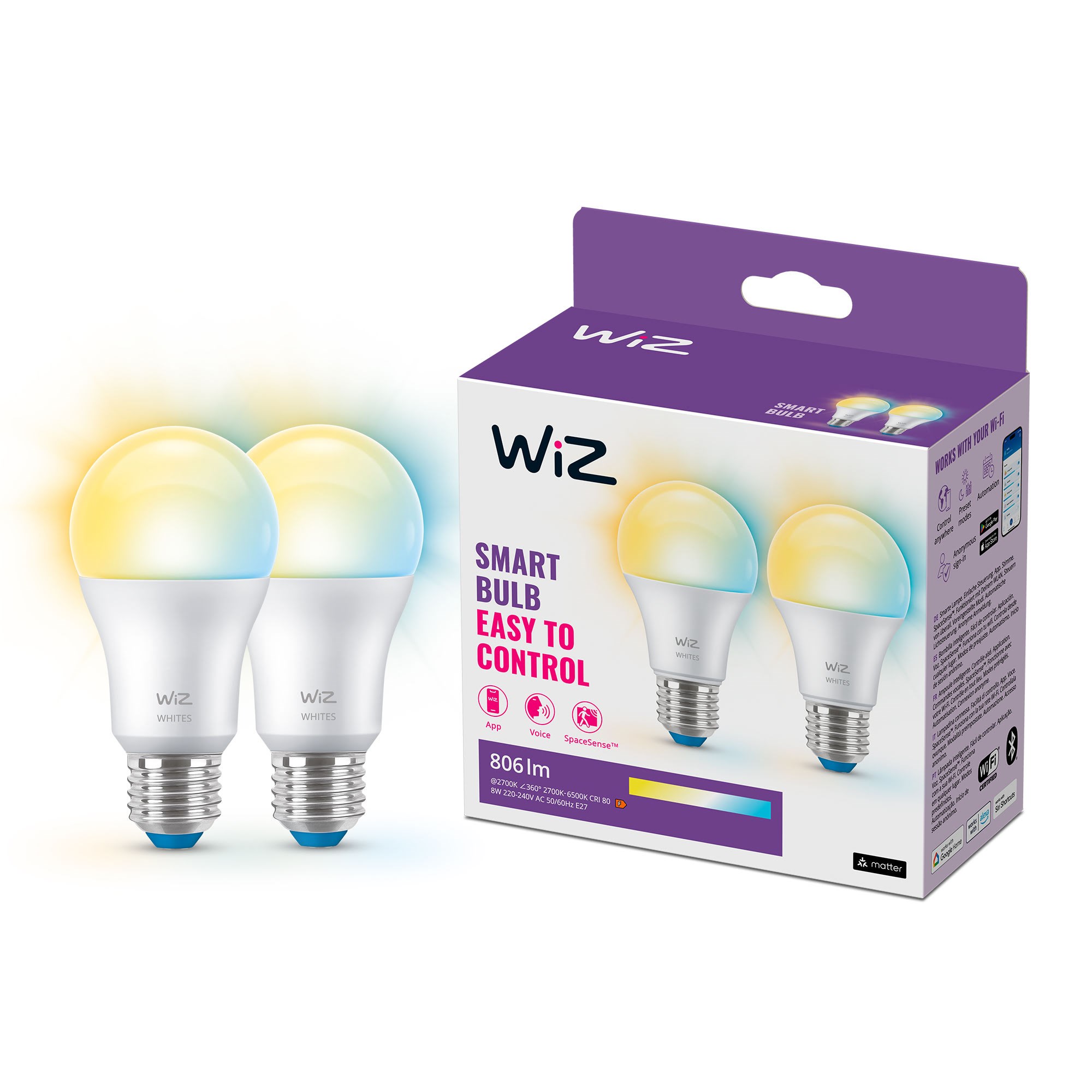 WiZ Tunable A60 E27 Smart LED-pære 2-pakke - Dæmpbart varmt til koldt hvidt LED-lys