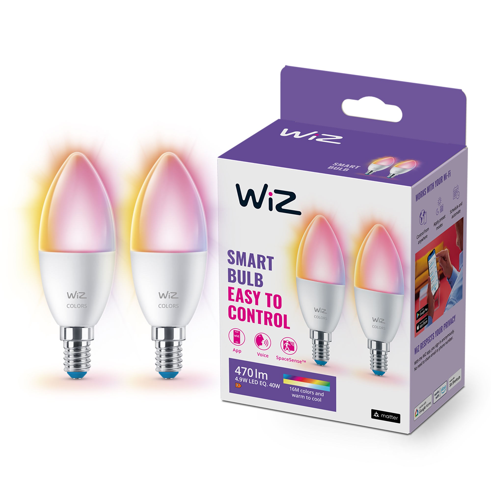 WiZ Full Color C37 E14 Smart Kertepære 2-pakke - RGB/16 millioner farver + dæmpbart hvidt LED-lys