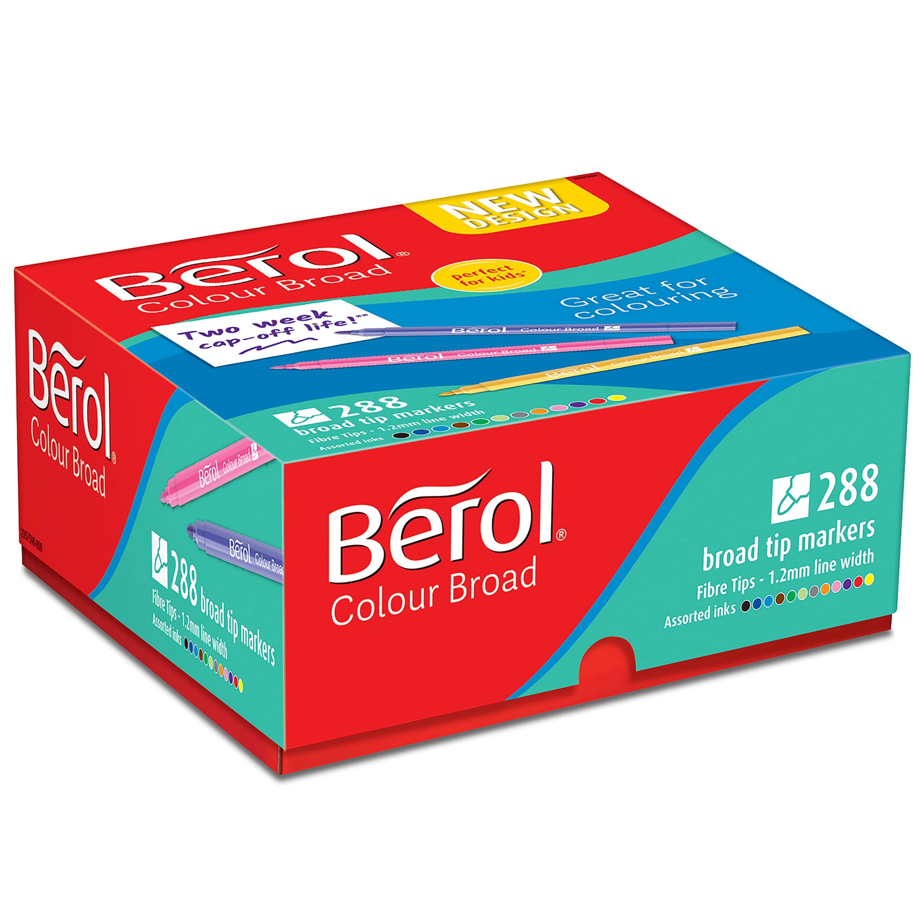 Berol filtspids farvetuscher, bred spids (1,2 mm), vaskbare, forskellige farver, skolepakke med 288 styk Hobby Artikler Farveblyanter 2057598