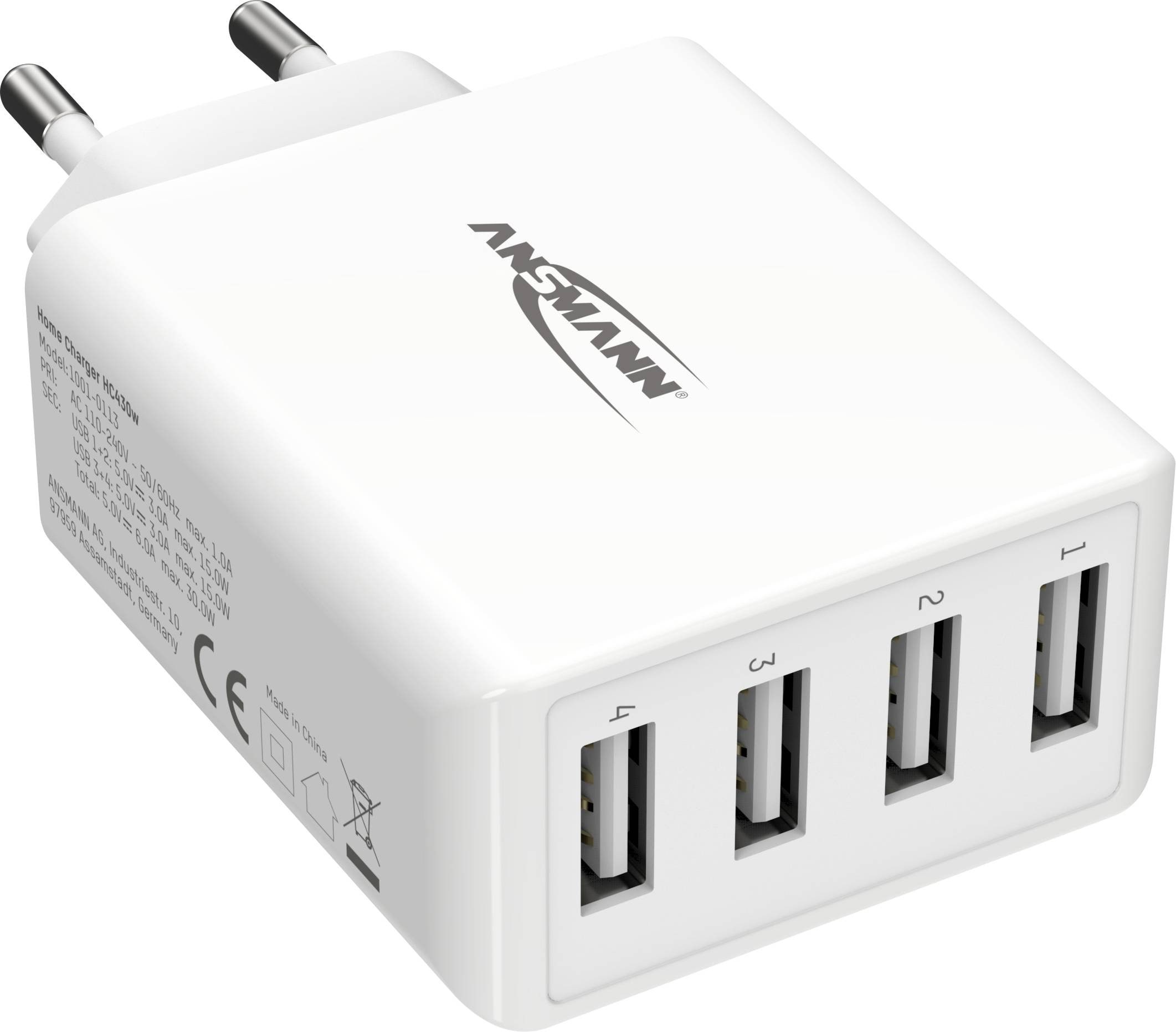 ANSMANN HOME CHARGER HC430 USB- LADER / NETDEL 4 USB-PORTE Mobil Oplader 1001-0113