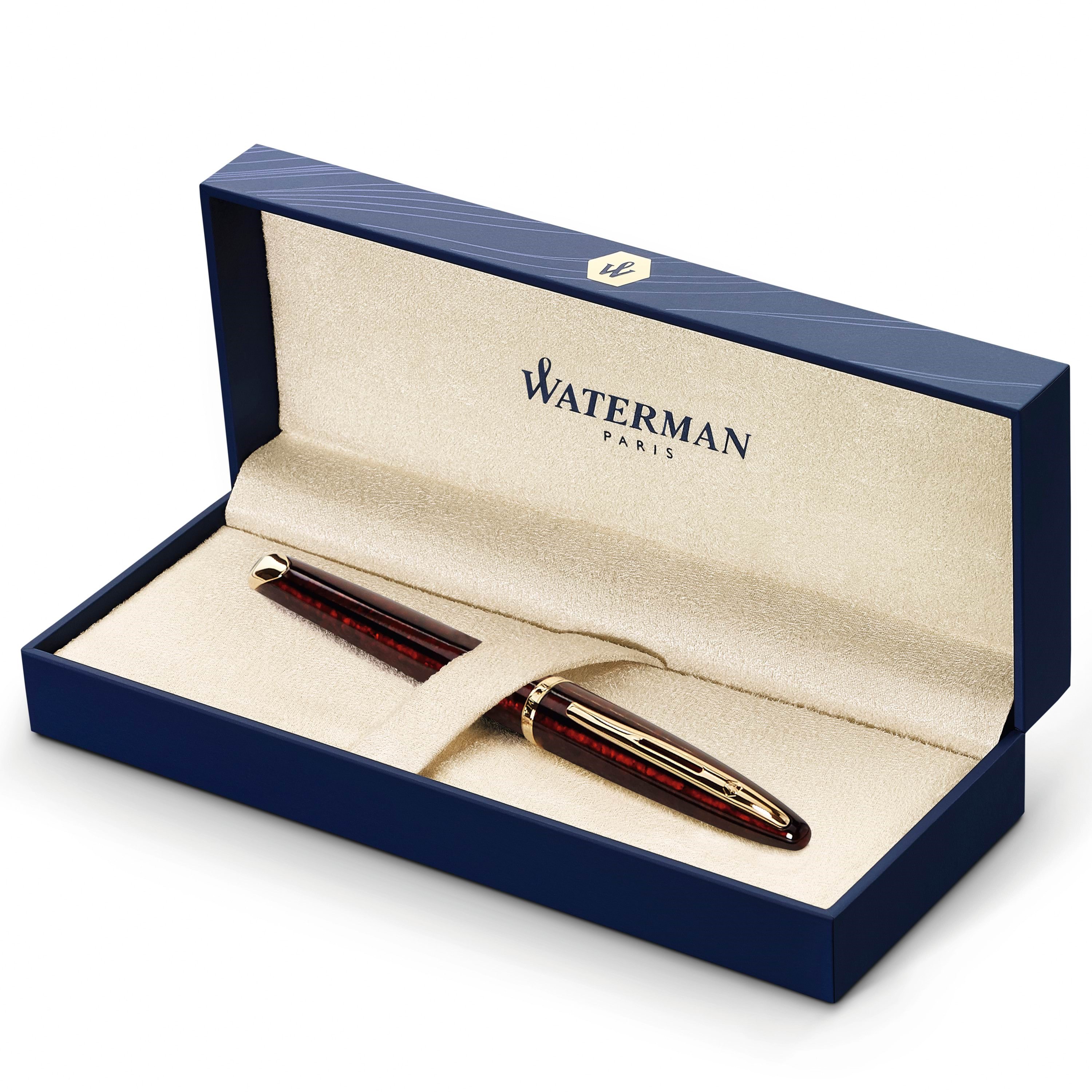 Waterman Carène Marine Amber Fountain Pen | Glansbrun og sort med 23k guldclips | Medium spids med blå blækpatron | Gaveæske Tegneværktøj S0700880