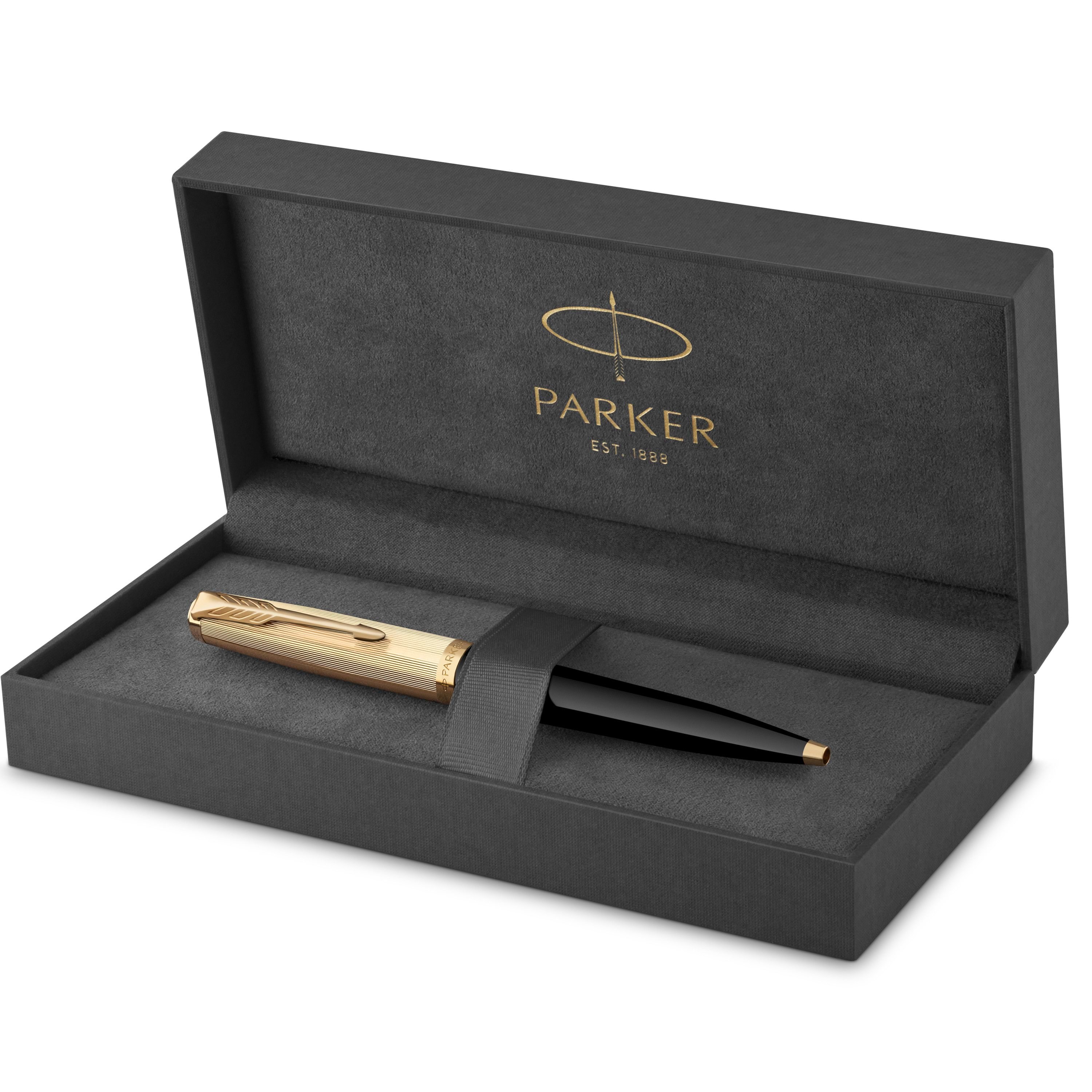 Parker 51-kuglepen | deluxe-sort cylinder med detaljer i guld | medium spids i 18k guld med patron med sort blæk | gaveæske Tegneværktøj 2123513