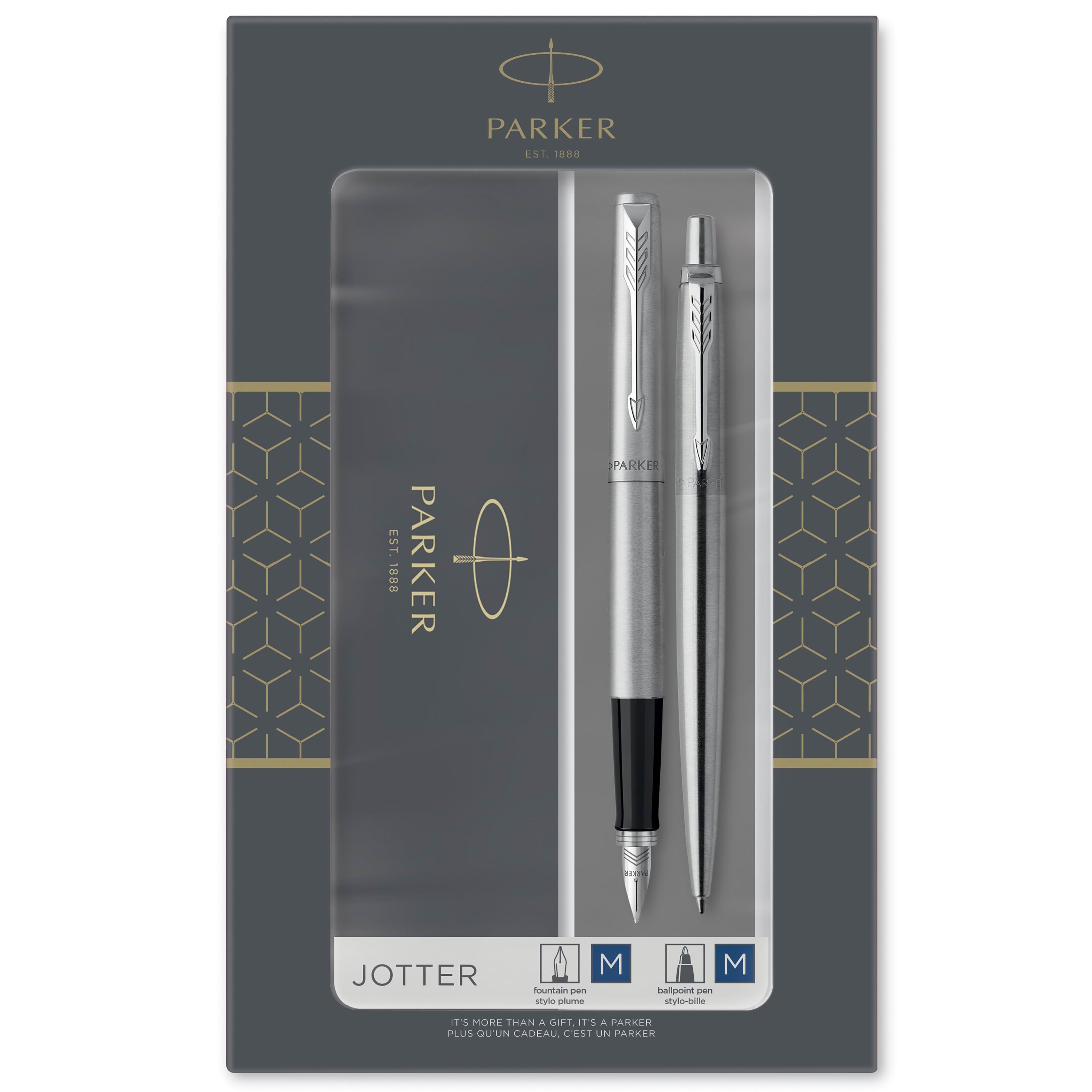 Parker Dobbelt Jotter-gavesæt med kuglepen og fyldepen, rustfrit stål med detaljer i krom, patron med blå blæk og patroner, gaveæske