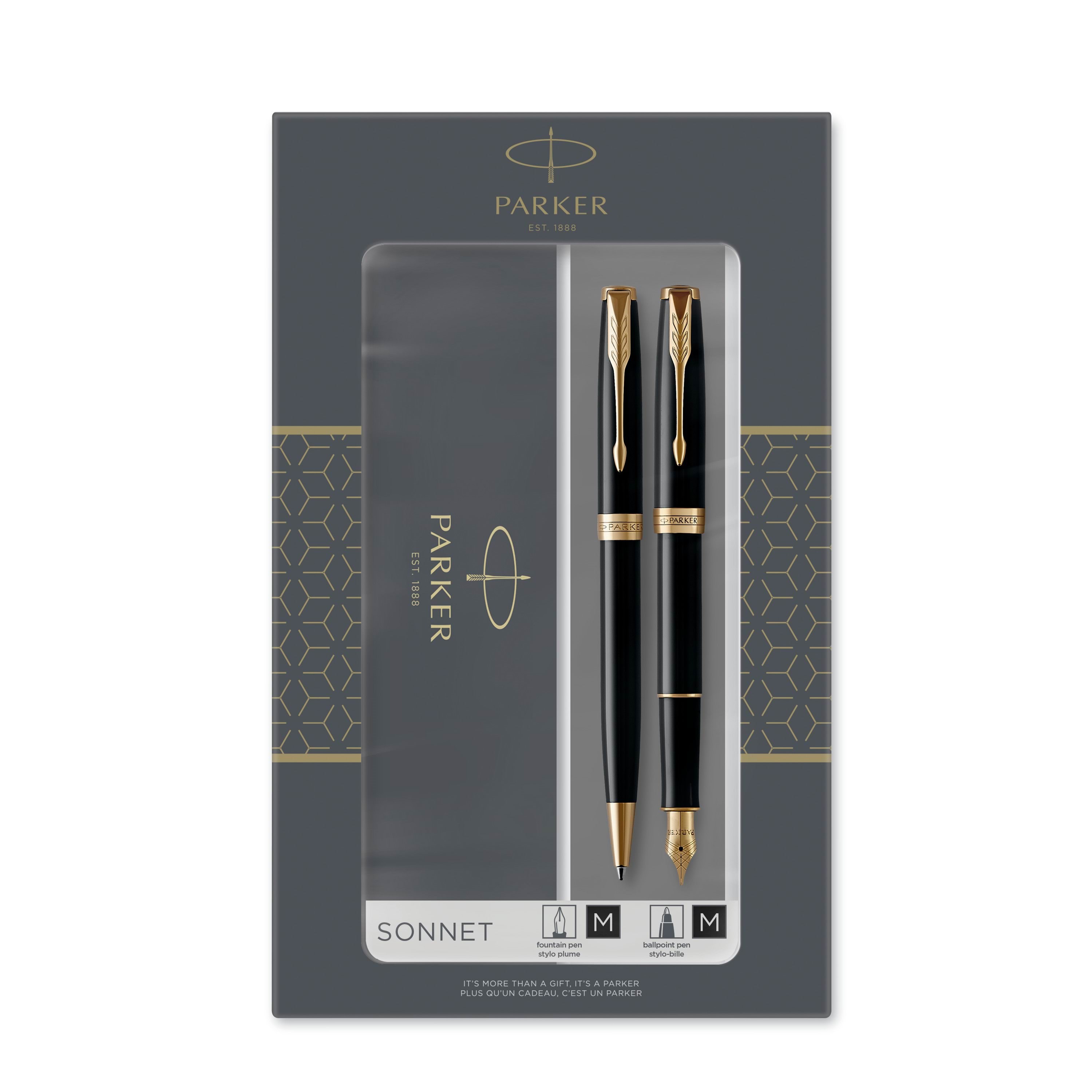 Parker Sonnet dobbelt sæt med fyldepen og kuglepen med sort lak med detaljer i guld, medium spids med sort blæk, gavesæt