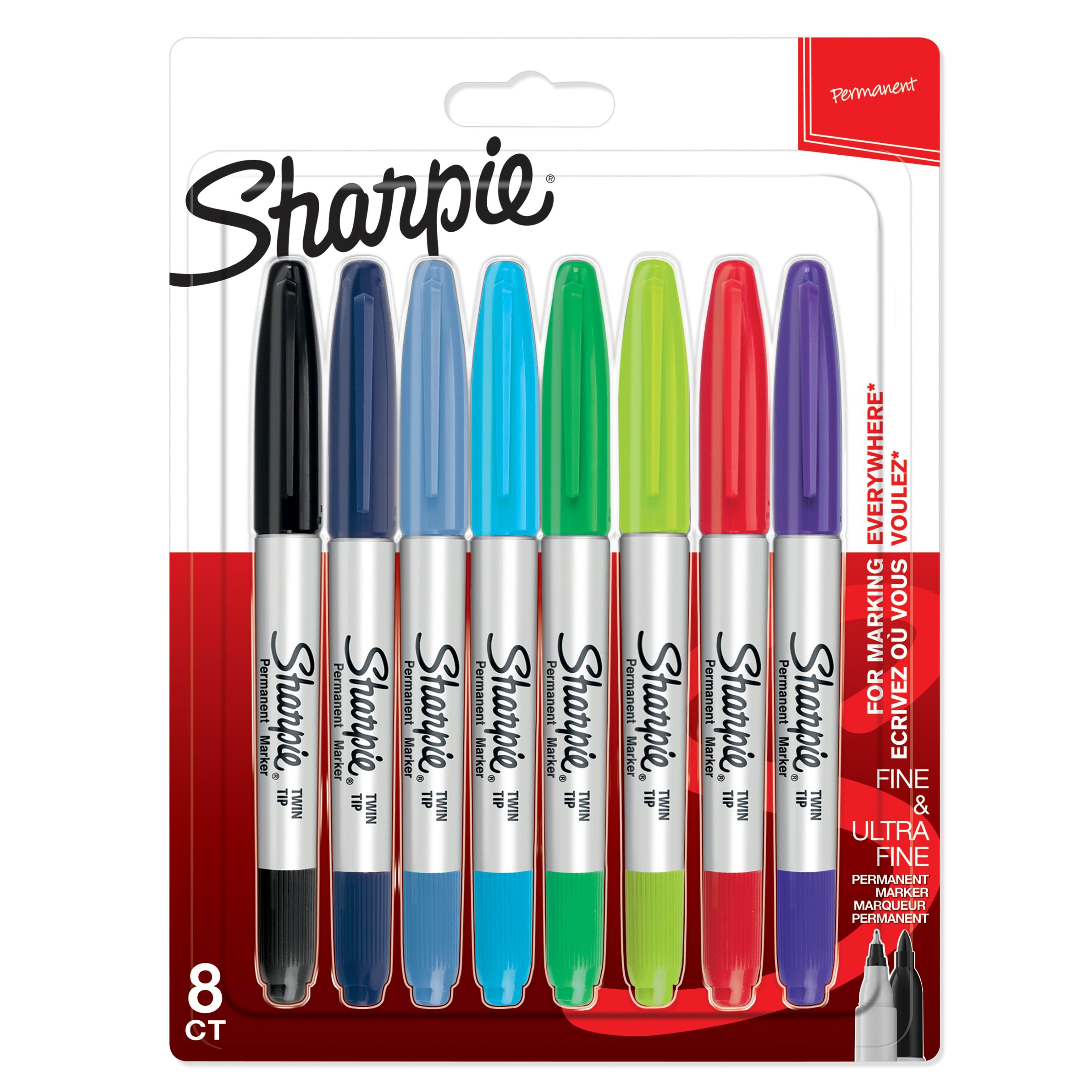 Sharpie Twin Tip Permanent Markers | Fin og meget fin spids | Forskellige farver | 8 styk