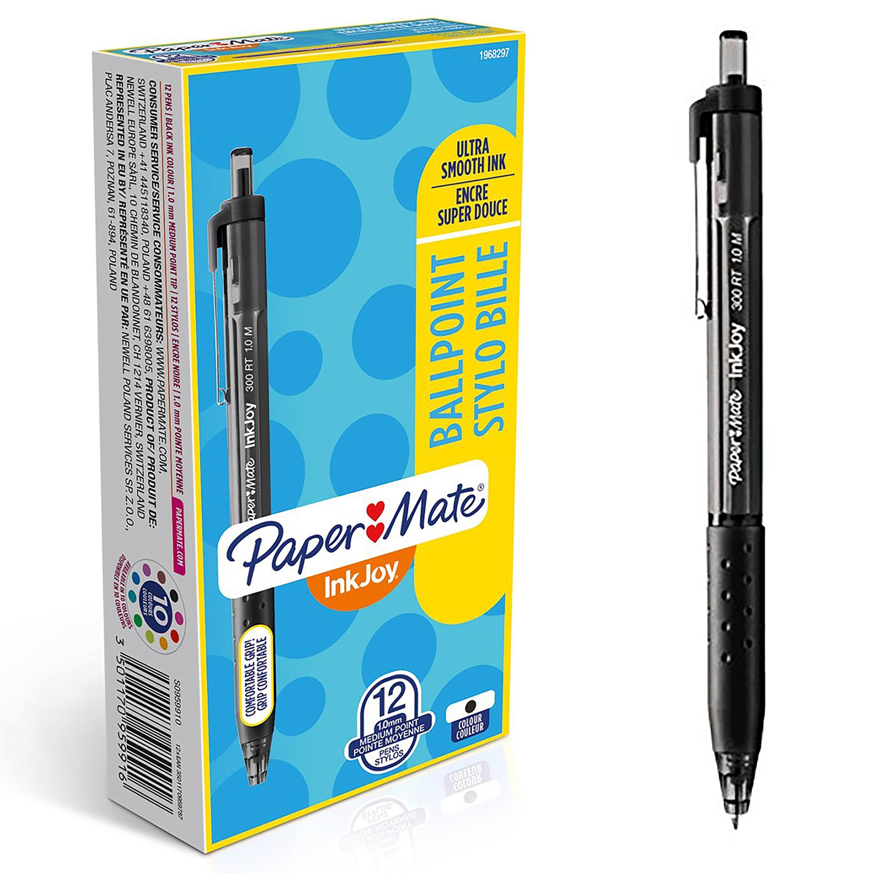 Paper Mate InkJoy 300RT Retractable Ballpoint Pens | Medium spids (1,0 mm) | Sort | 12 styk Tegneværktøj S0959910