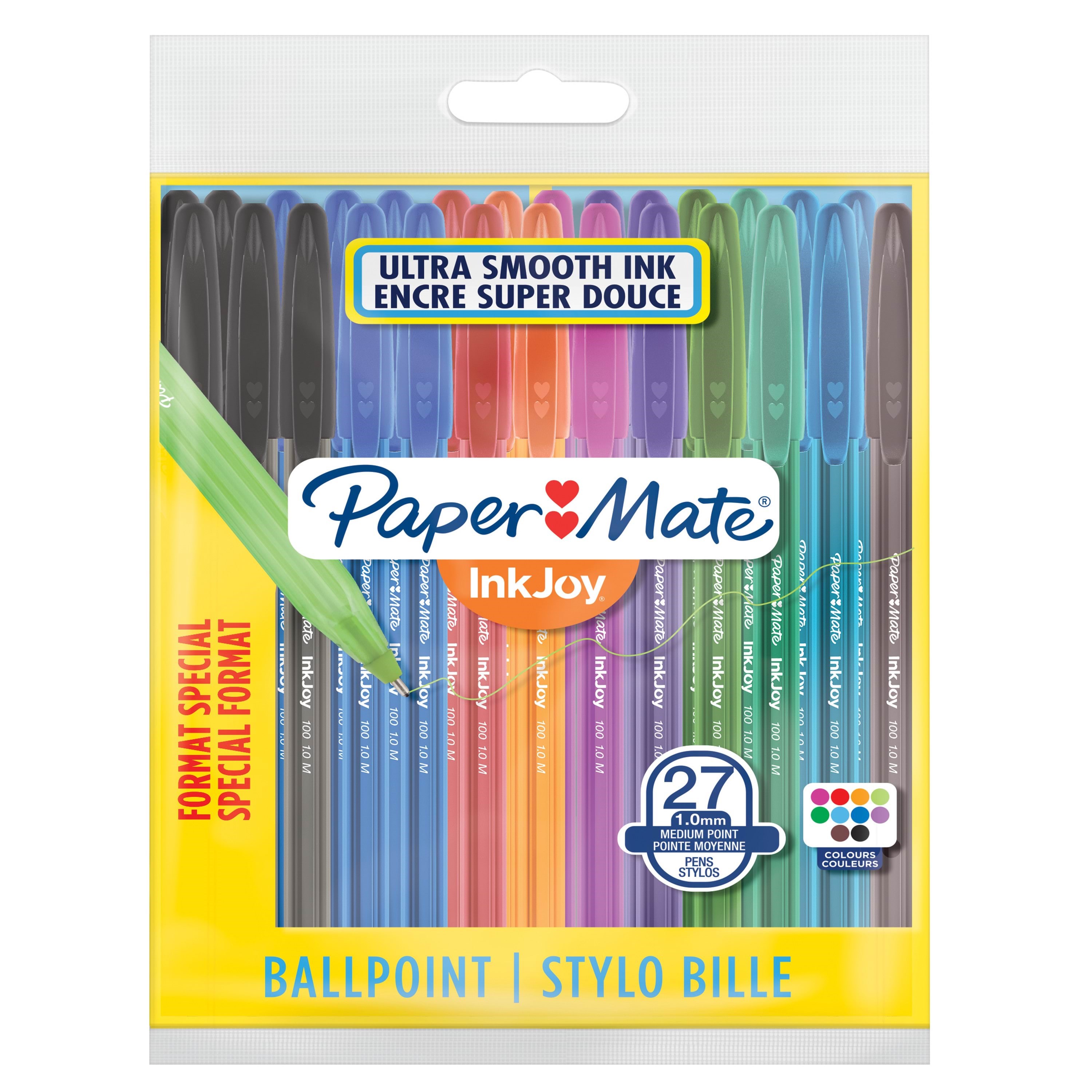 Paper Mate InkJoy 100ST Kuglepenne | Medium Spids (1,0 mm) | Assorterede Sjove Farver | 27 Stk