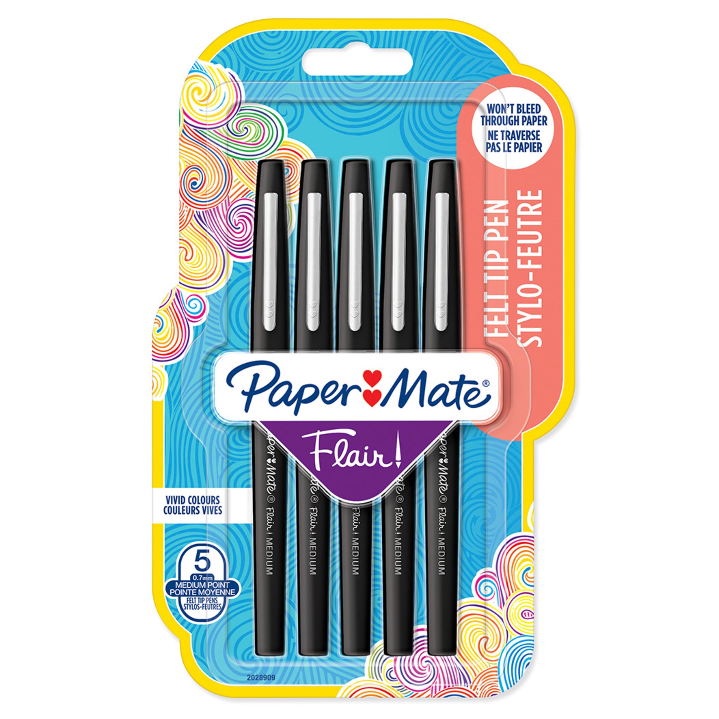 Paper Mate Flair Felt Tip Pens | Medium spids (0,7 mm) | Sort | 5 styk Tegneværktøj 2028909