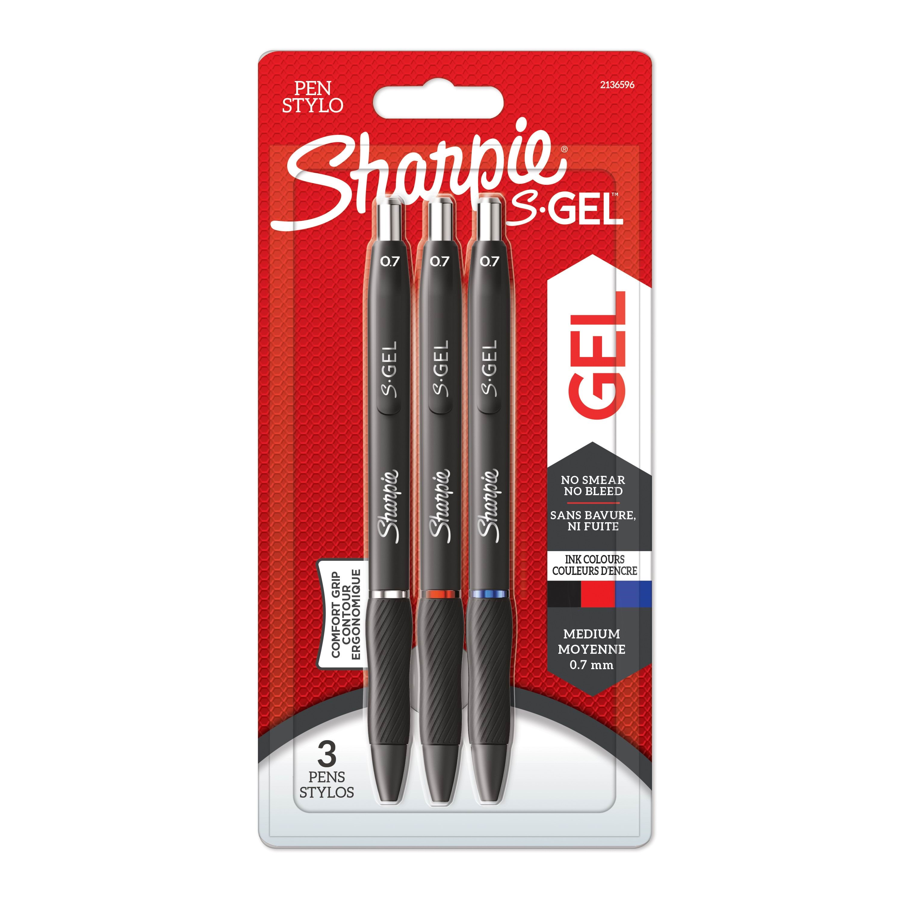Sharpie S-Gel | Gelpenne | Medium spids (0,7 mm) | Sort, rødt og blåt blæk | 3 styk