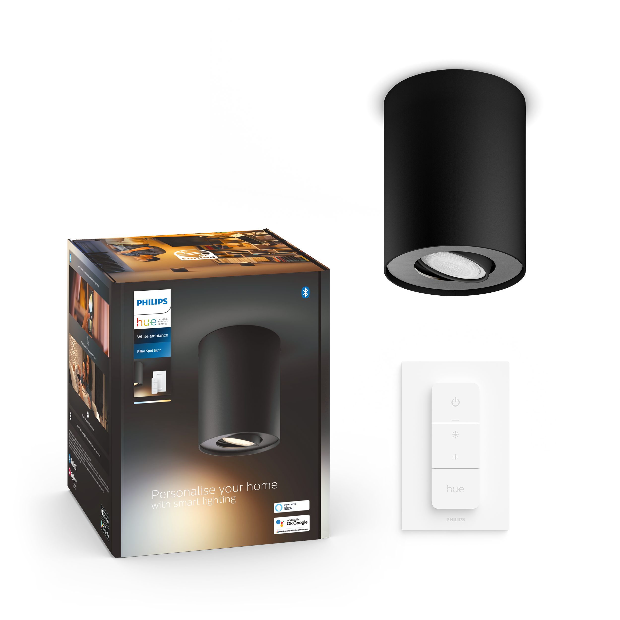 Philips Hue Pillar Enkelt Spot - Sort - med Dimmer Switch Smart Home 929003811601