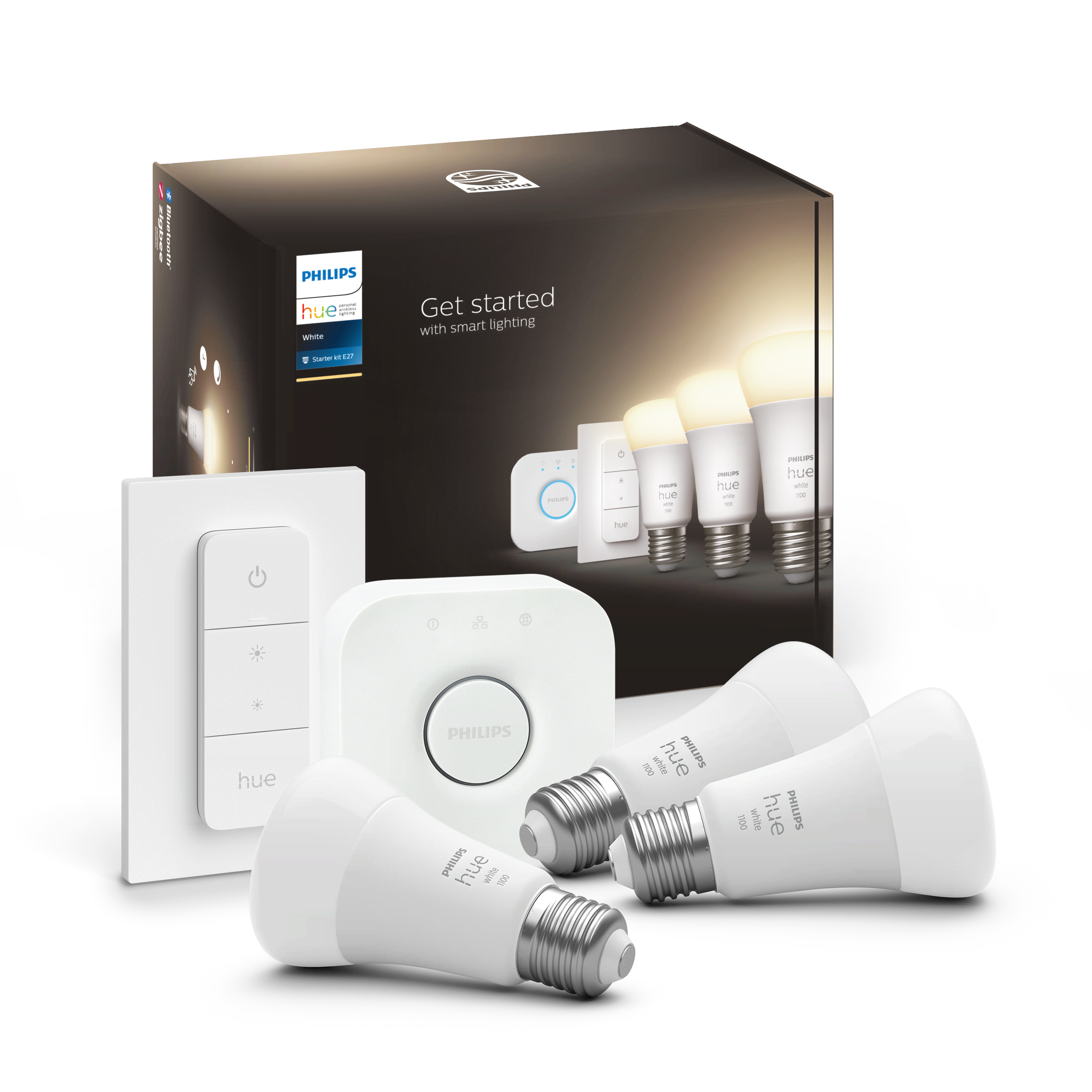 Philips Hue White startsæt - 3x E27 A60-pærer + Dimmer switch + Hue Bridge Smart Home 929002469204