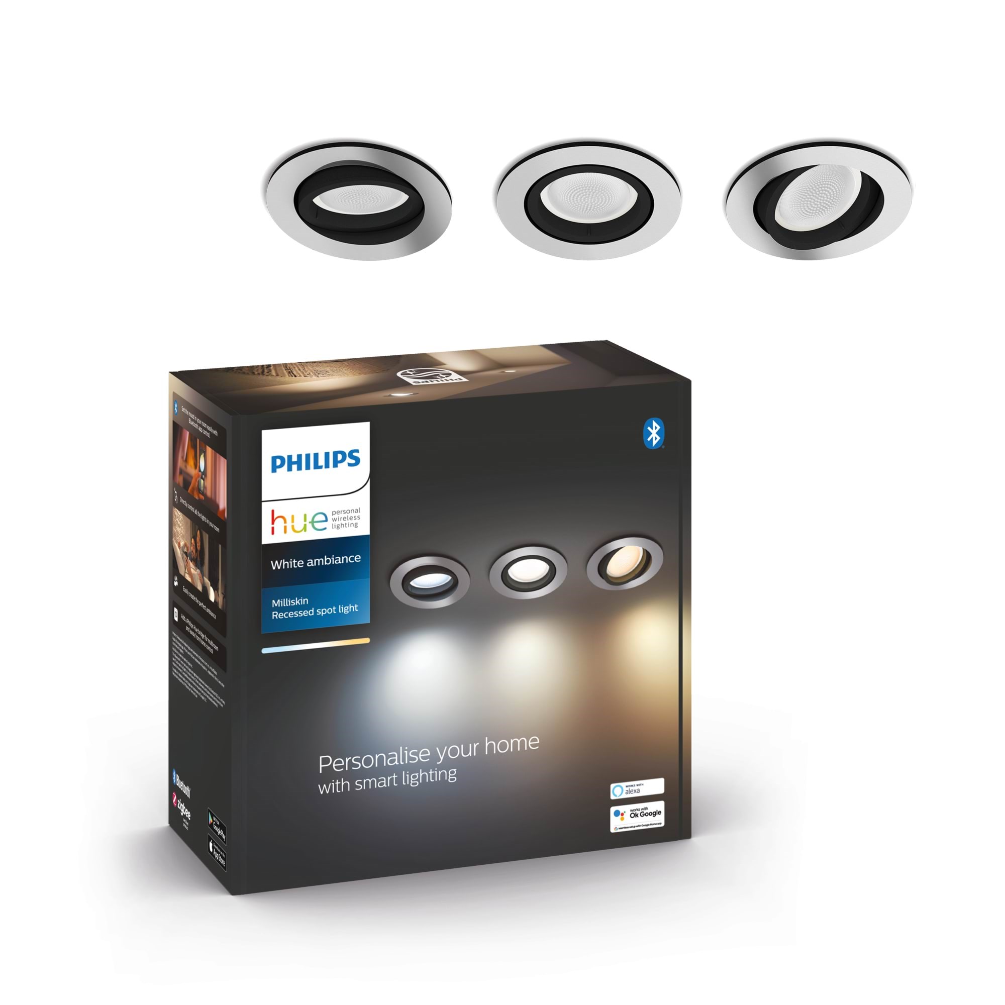 Philips Hue Milliskin Indbygningsspot Rund - Aluminium - 3-Pak Smart Home 929003810901