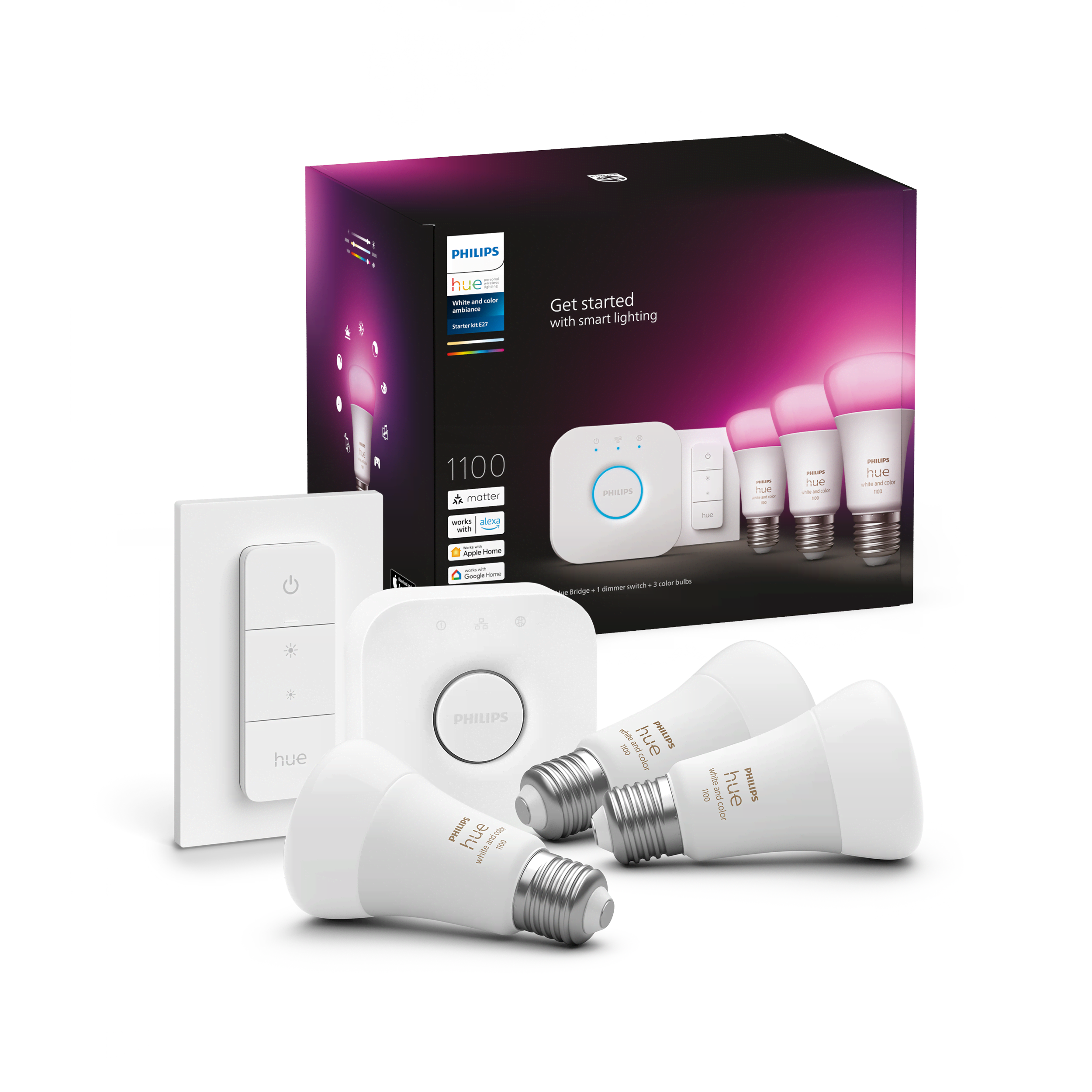Philips Hue White and color ambiance Startsæt - 3x E27 A60-pærer + Dimmer switch + Hue Bridge