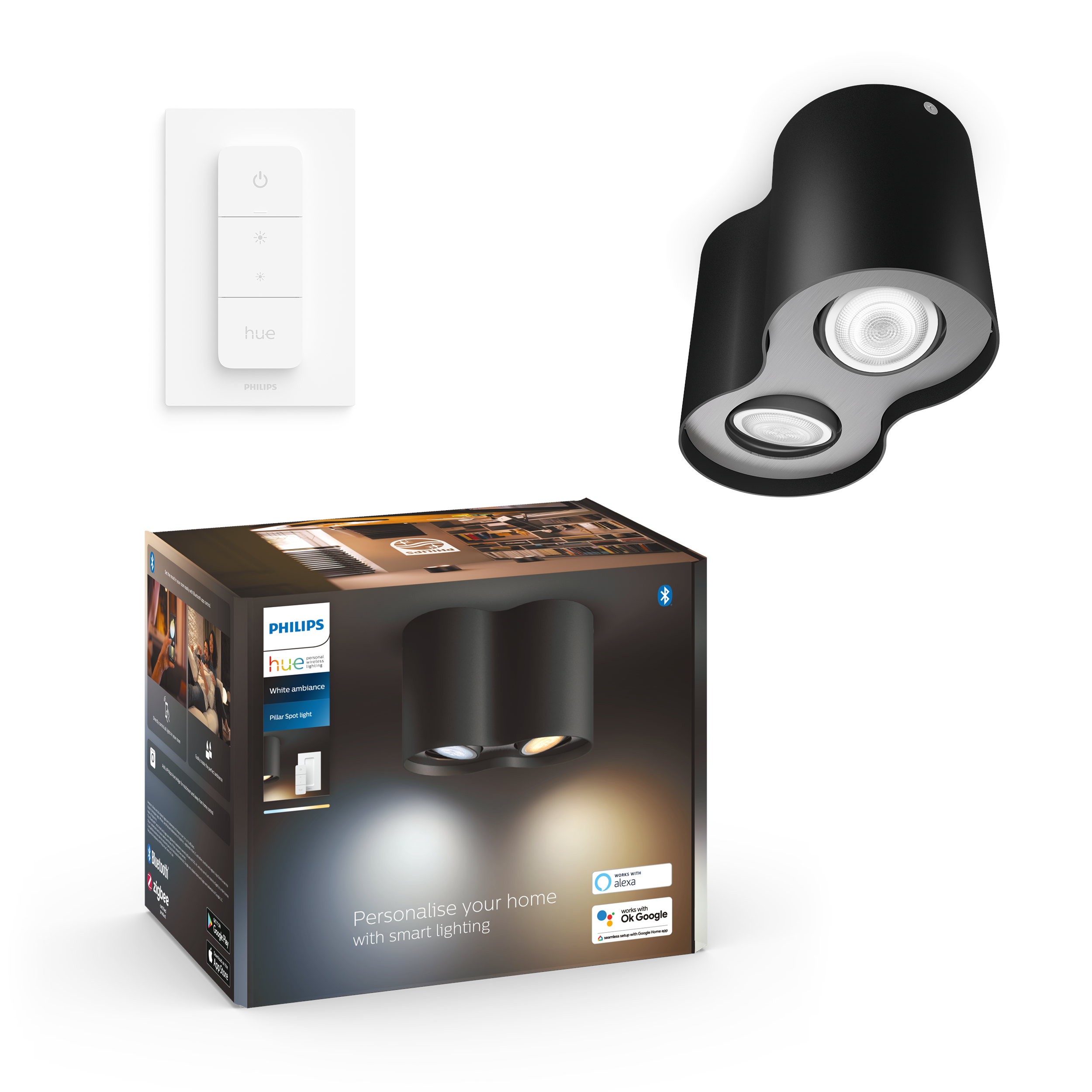 Philips Hue Pillar Dobbelt Spot - Sort - med Dimmer Switch Smart Home 929003811401