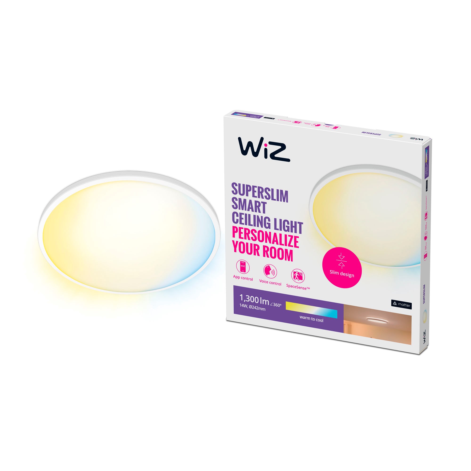 WiZ SuperSlim Smart Loftslampe Hvid, 14W, Justerbar hvidt & Dæmpet lys Smart Home 929002684922